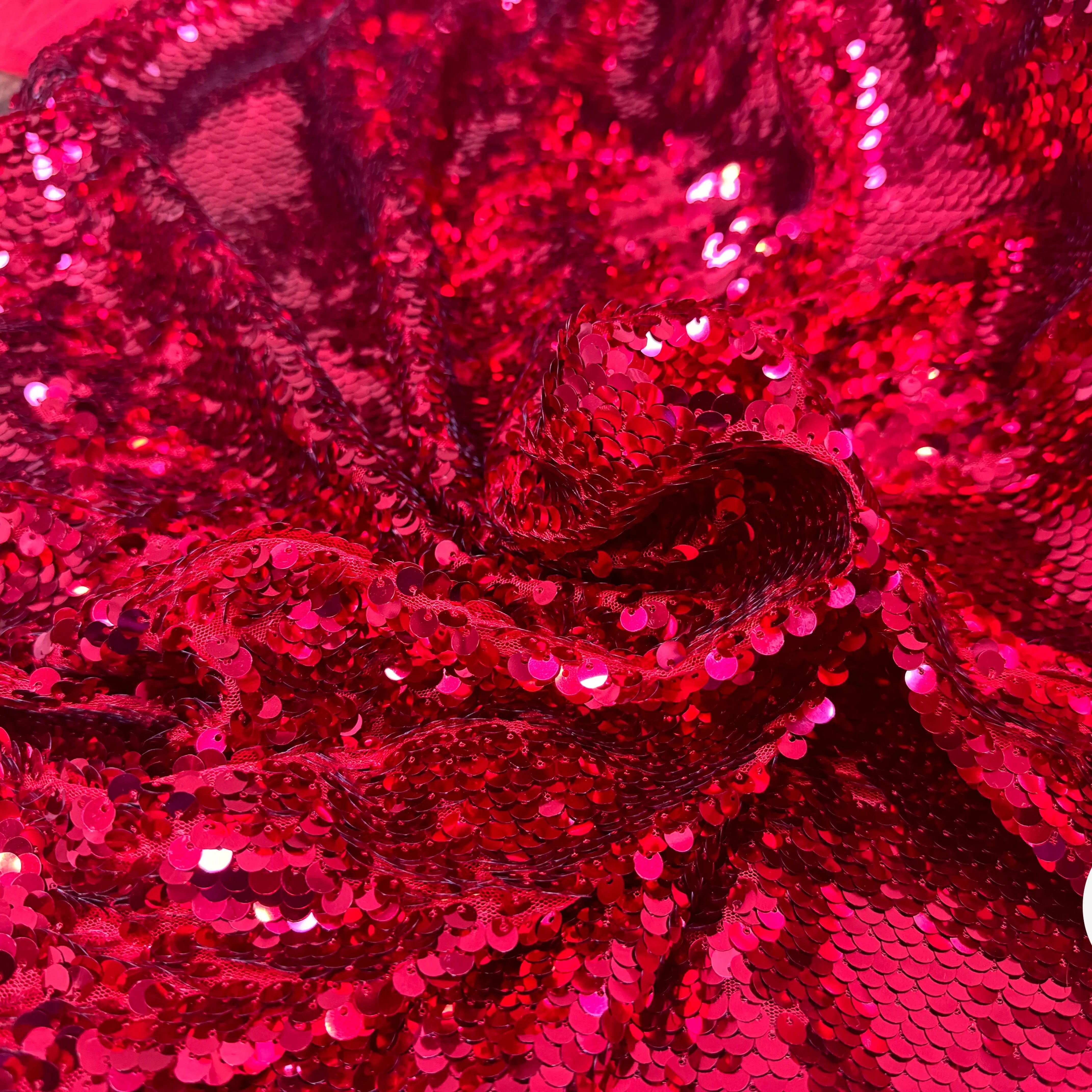 TISSU SEQUIN PAILLETTES SUR TULLE ROUGE RUBIS - My Little Coupon