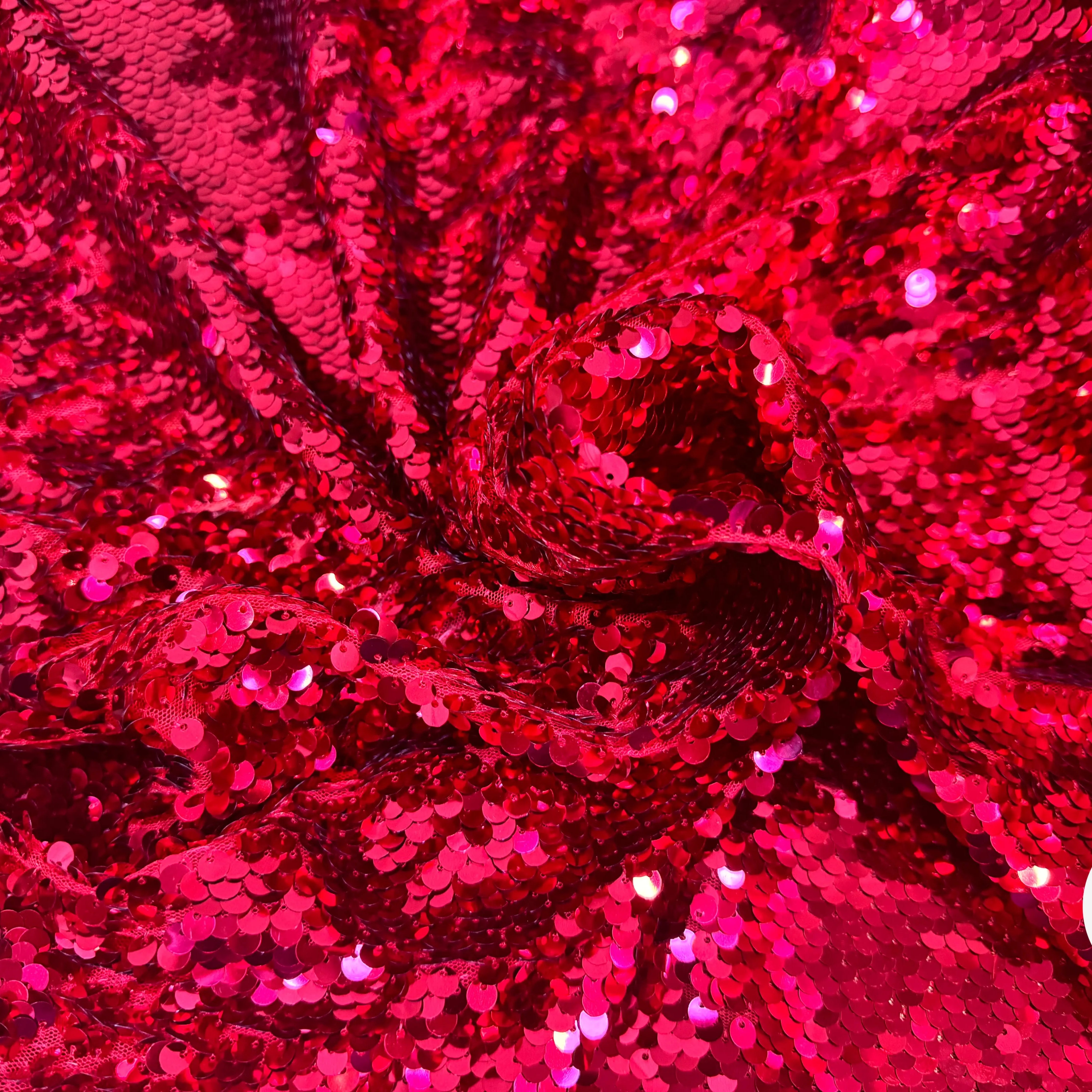 TISSU SEQUIN PAILLETTES SUR TULLE ROUGE RUBIS - My Little Coupon