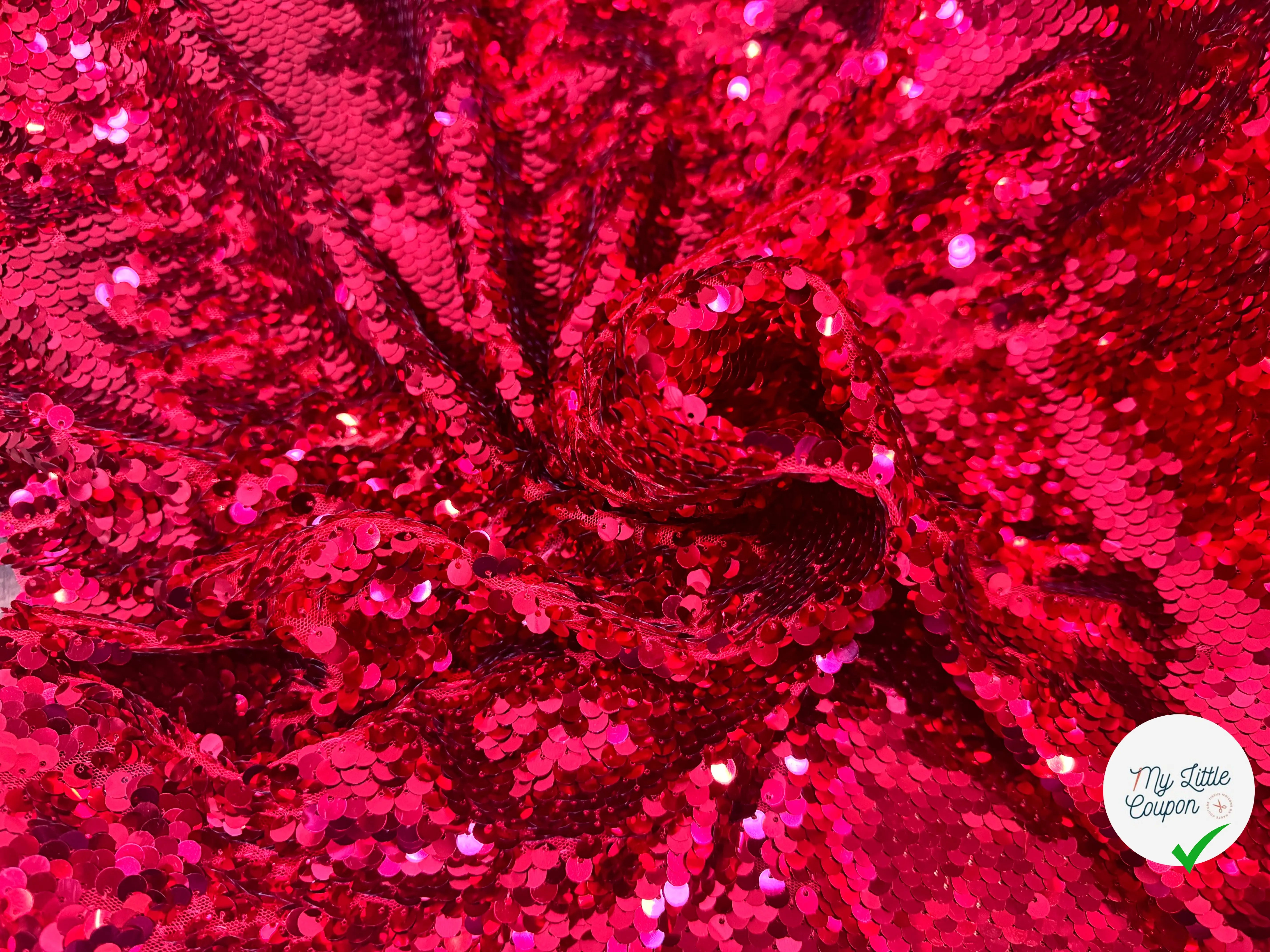 TISSU SEQUIN PAILLETTES SUR TULLE ROUGE RUBIS - My Little Coupon