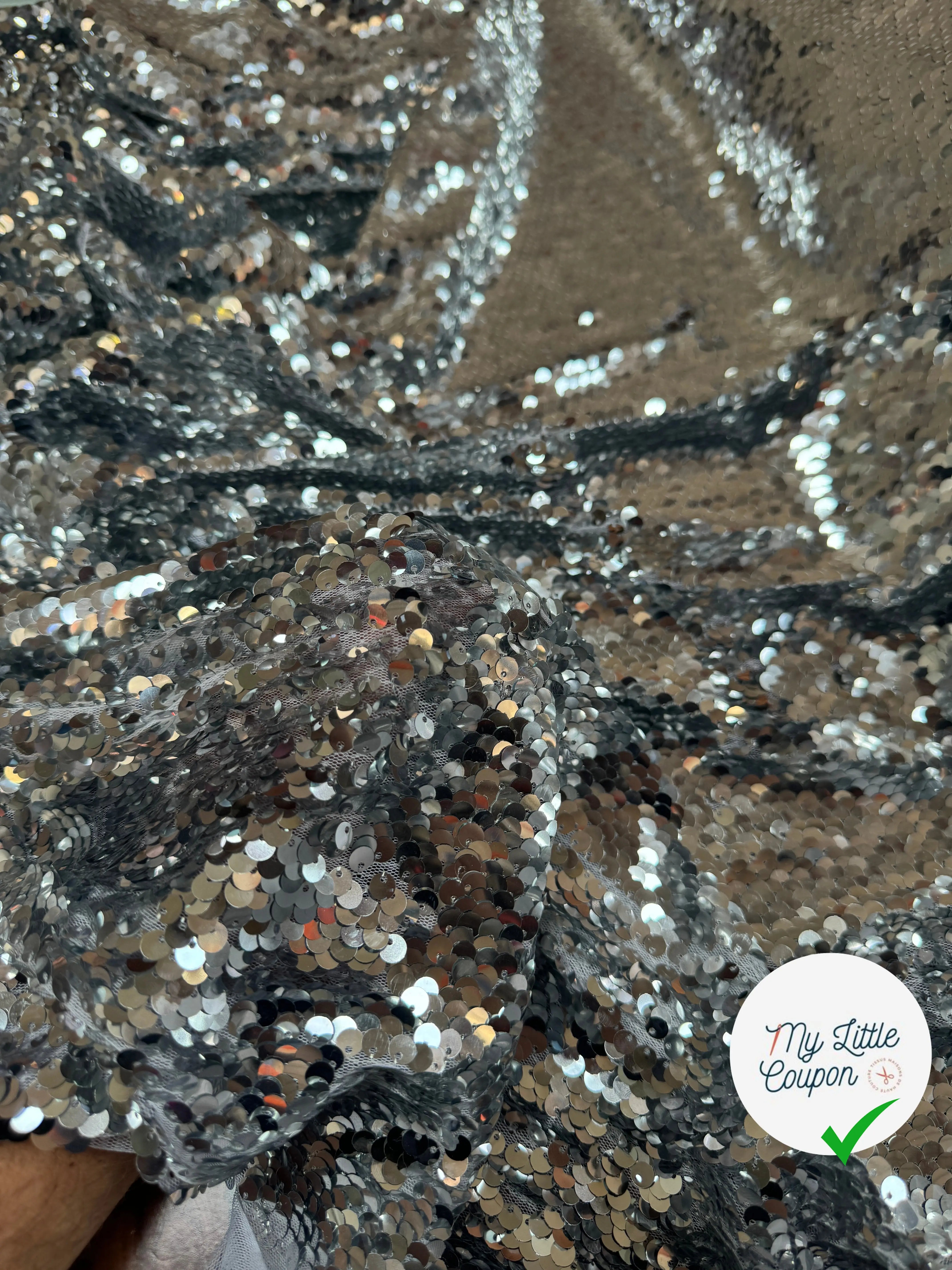 TISSU SEQUIN PAILLETTES SUR TULLE SILVER - My Little Coupon