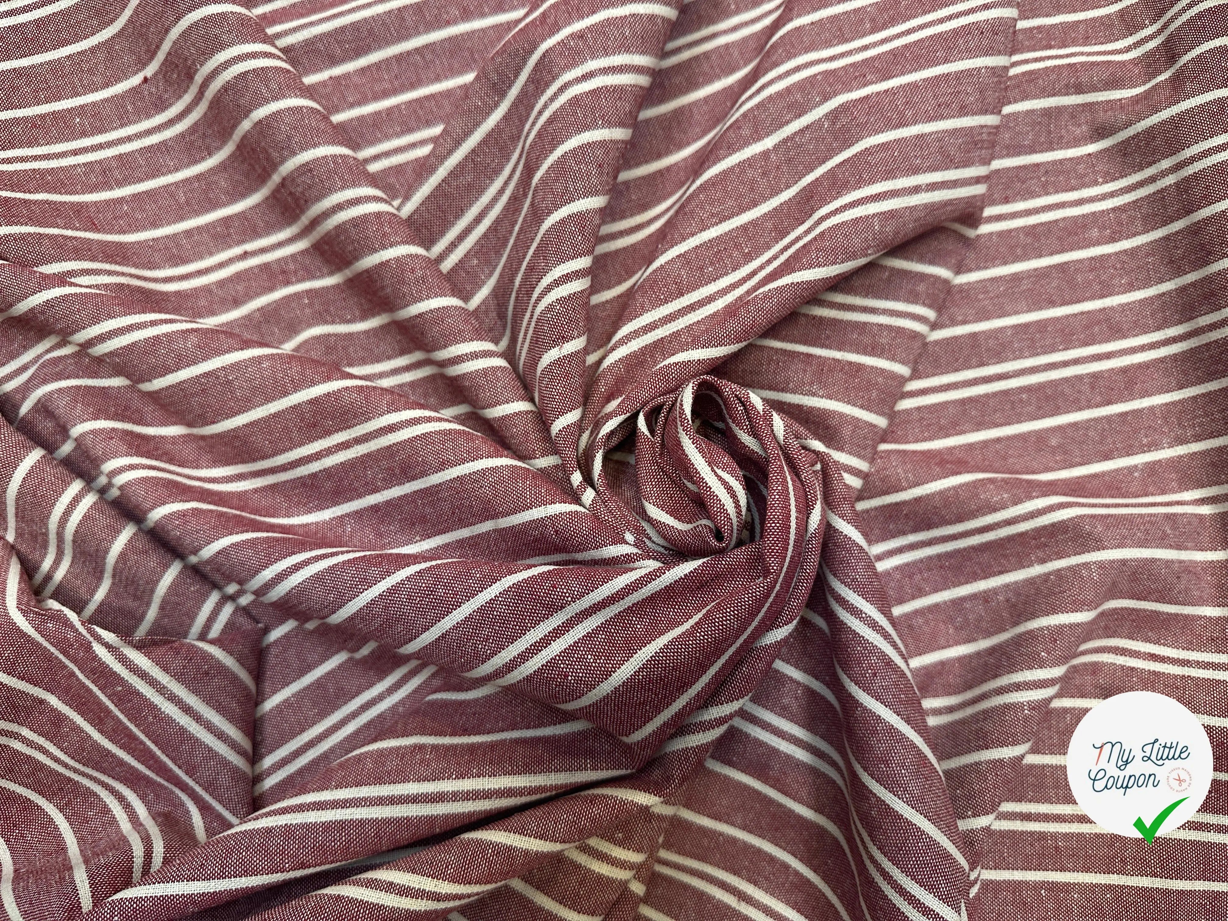 TOILE COTON RAYURES IRREGULIERES ELEGANTES EFFET LIN FOND ROUGE - My Little Coupon