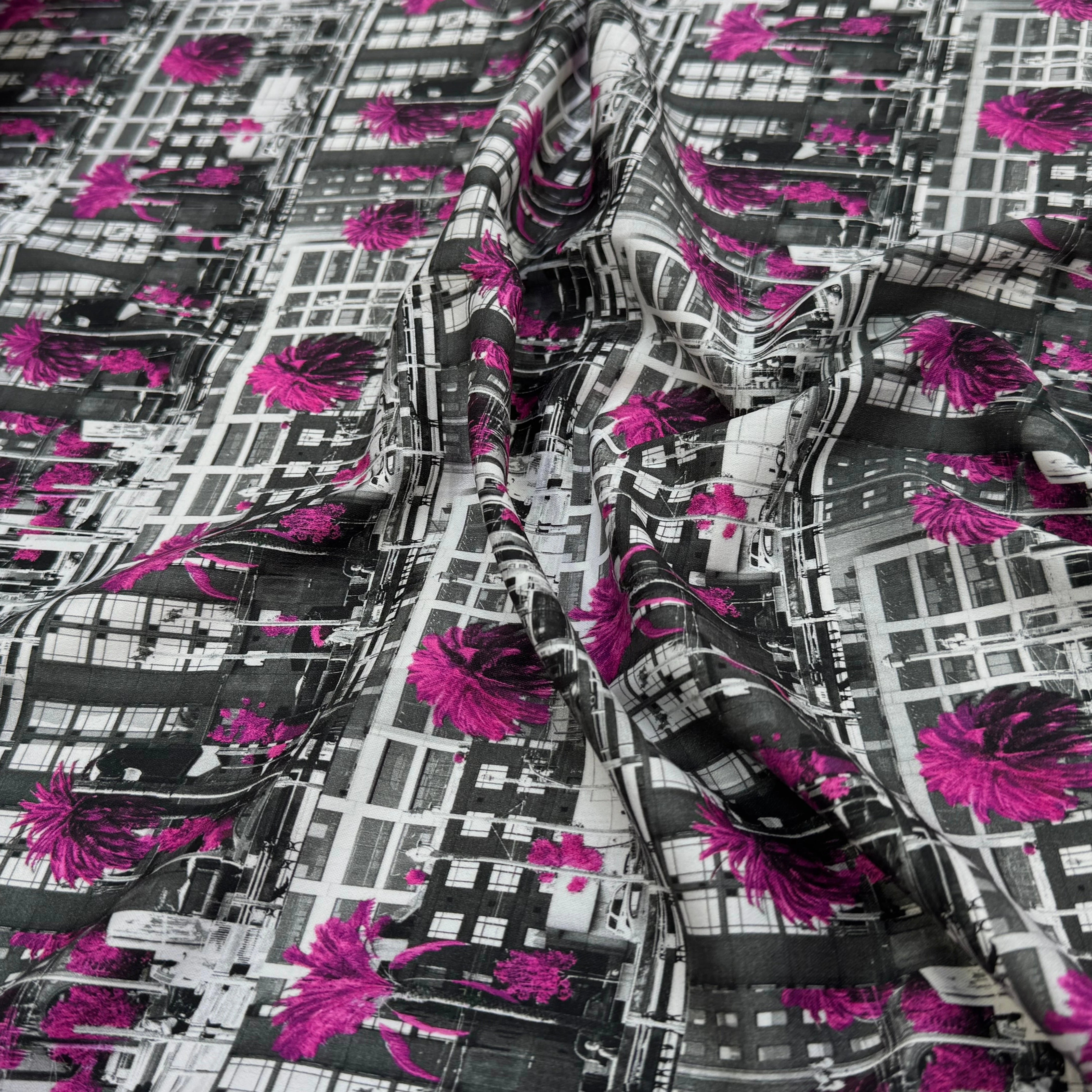 TOILE DE COTON NOBILEST STRETCH IMPRIMÉ GRAPHIQUE PALMIER ROSE - My Little Coupon