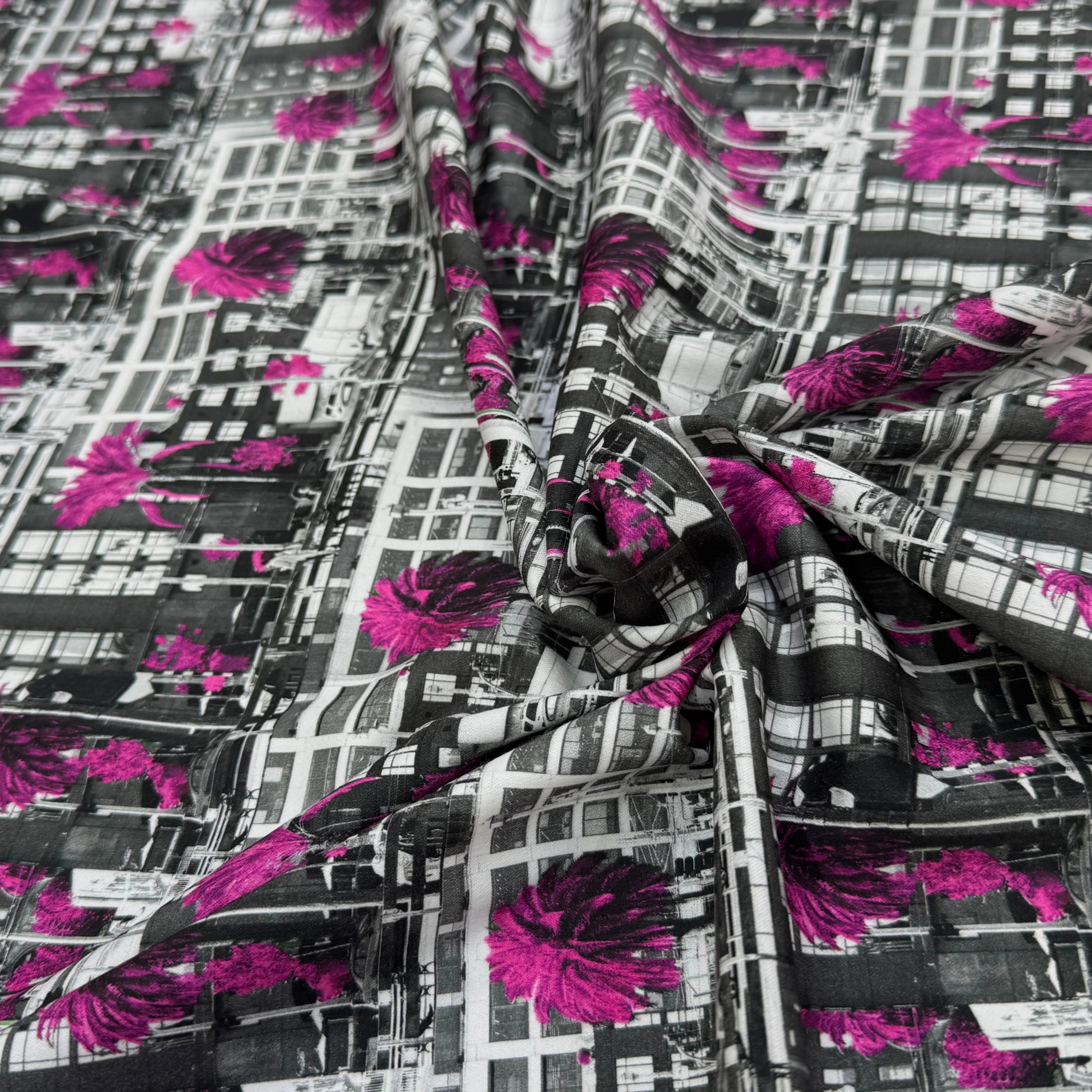 TOILE DE COTON NOBILEST STRETCH IMPRIMÉ GRAPHIQUE PALMIER ROSE - My Little Coupon