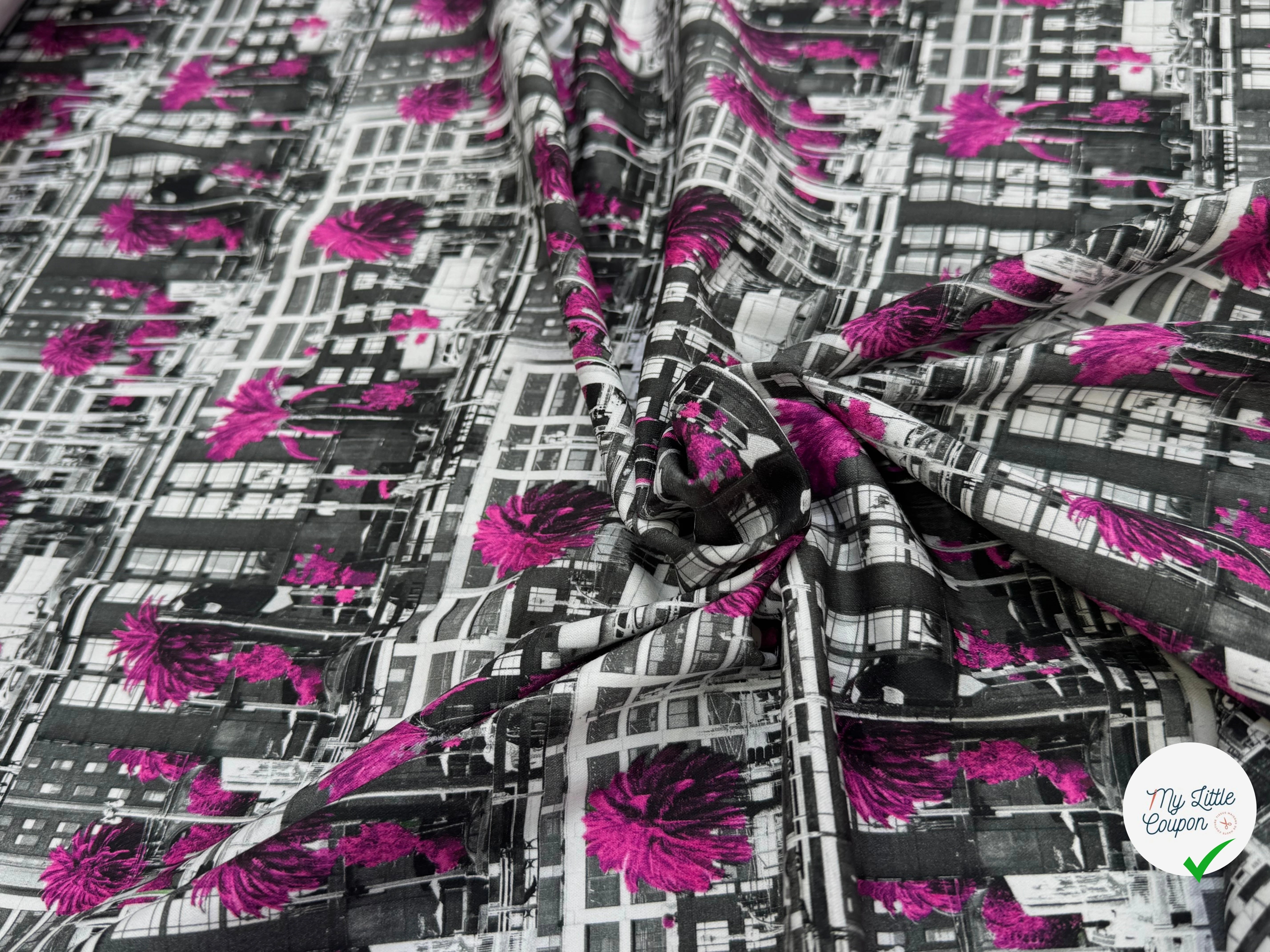 TOILE DE COTON NOBILEST STRETCH IMPRIMÉ GRAPHIQUE PALMIER ROSE - My Little Coupon