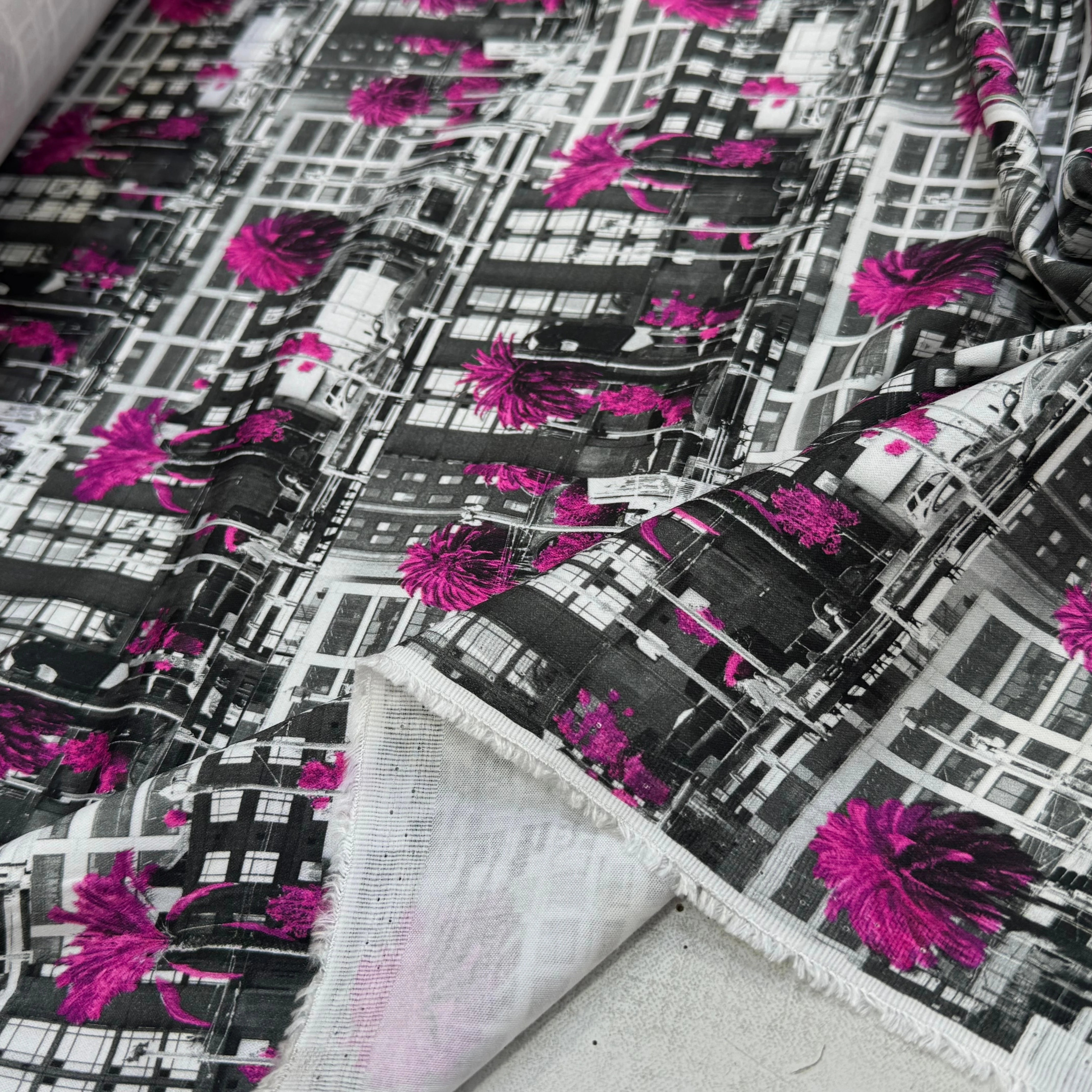 TOILE DE COTON NOBILEST STRETCH IMPRIMÉ GRAPHIQUE PALMIER ROSE - My Little Coupon