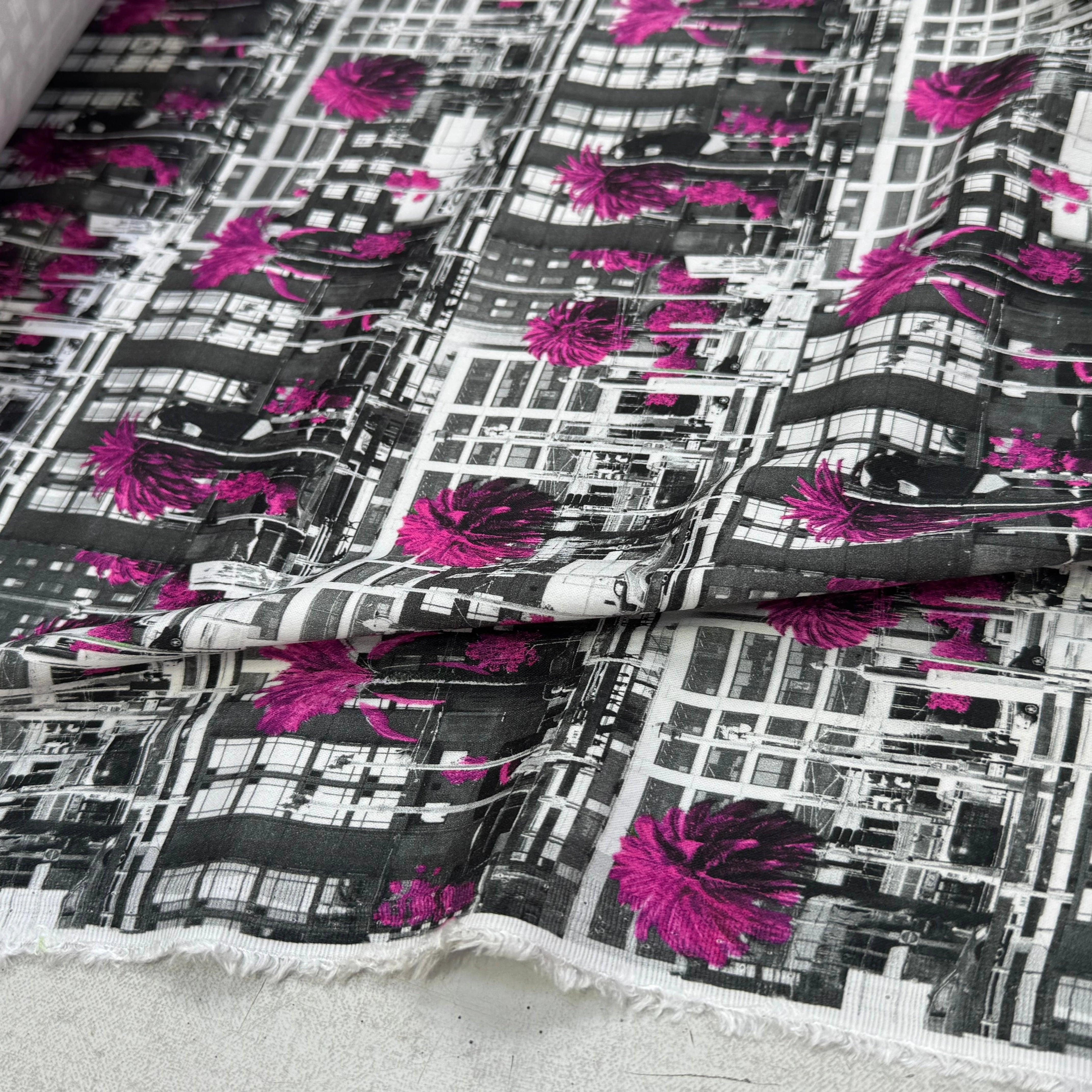 TOILE DE COTON NOBILEST STRETCH IMPRIMÉ GRAPHIQUE PALMIER ROSE - My Little Coupon