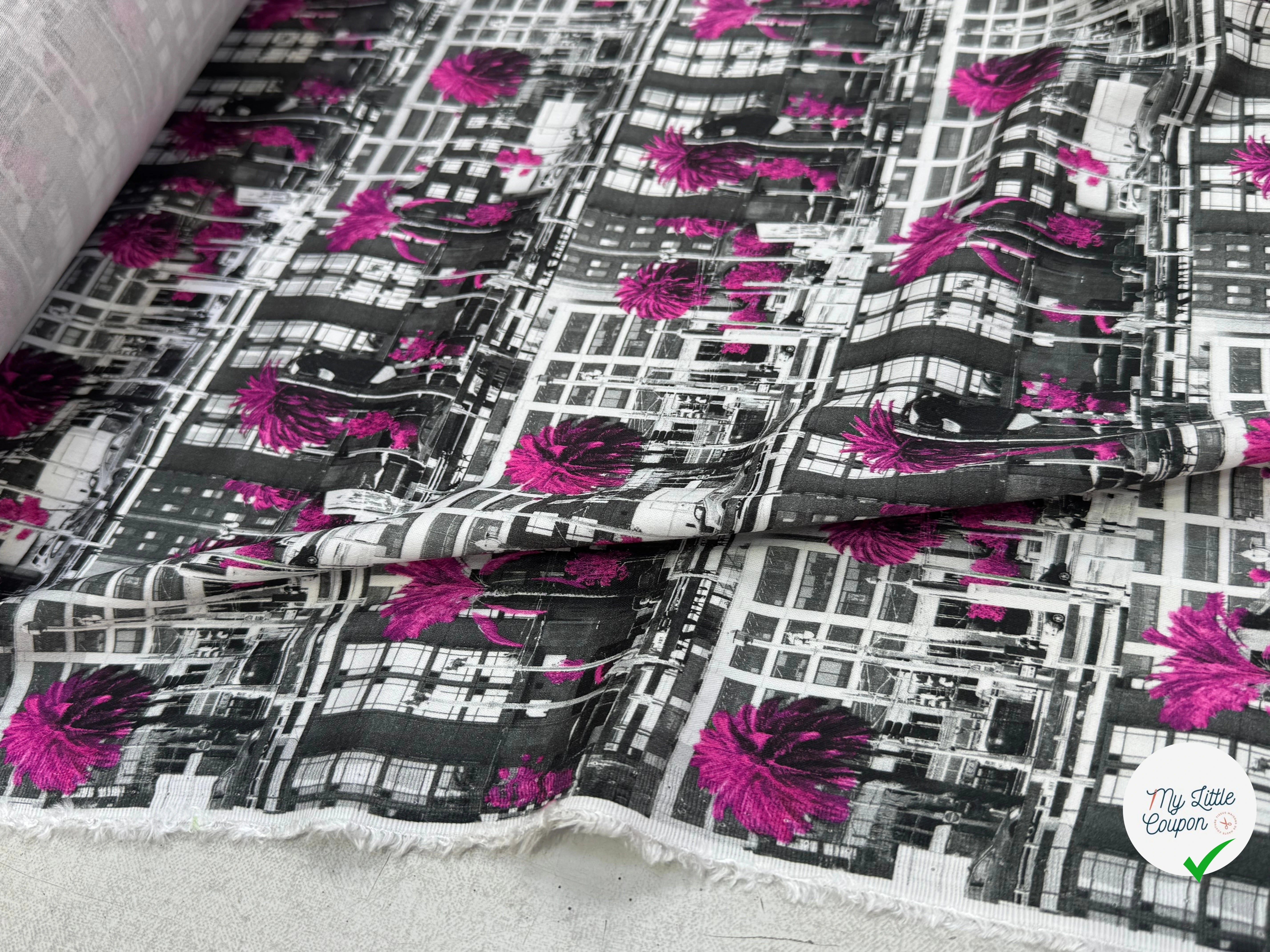 TOILE DE COTON NOBILEST STRETCH IMPRIMÉ GRAPHIQUE PALMIER ROSE - My Little Coupon