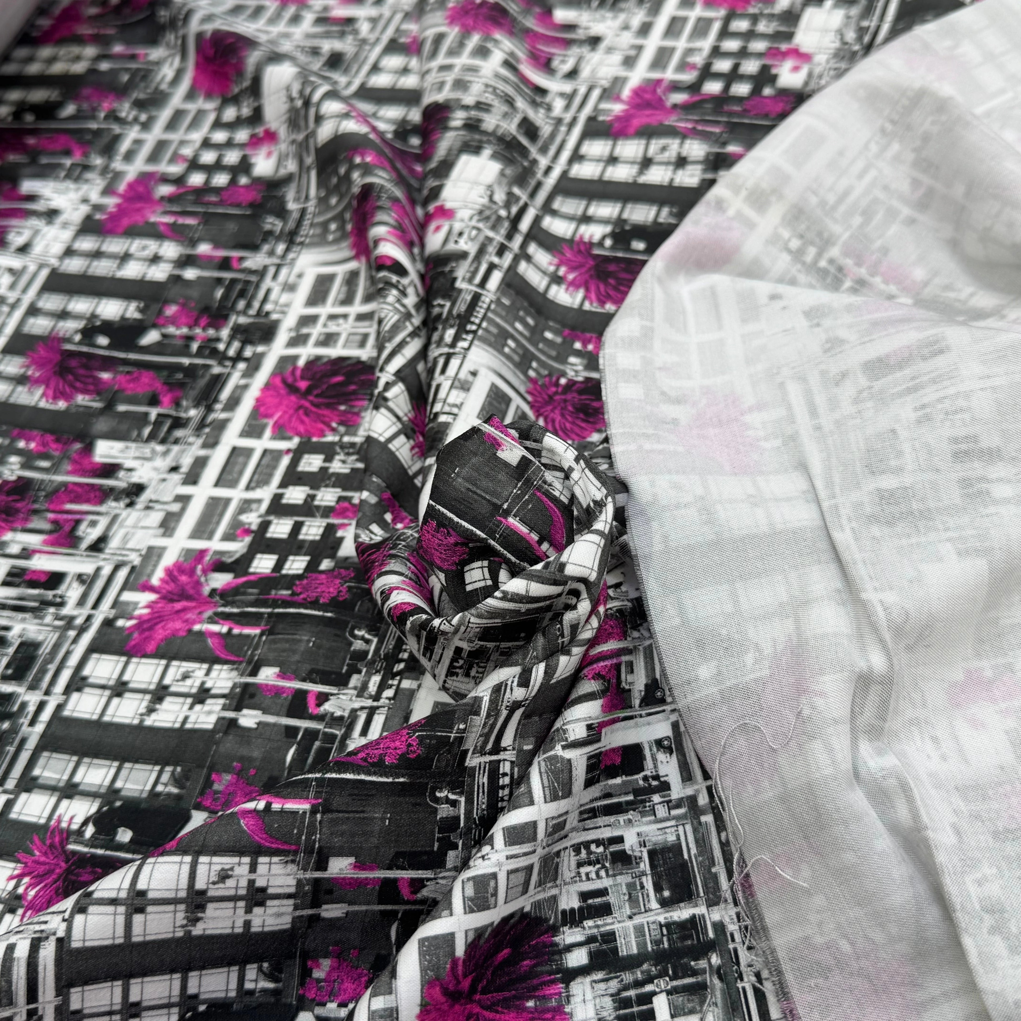 TOILE DE COTON NOBILEST STRETCH IMPRIMÉ GRAPHIQUE PALMIER ROSE - My Little Coupon