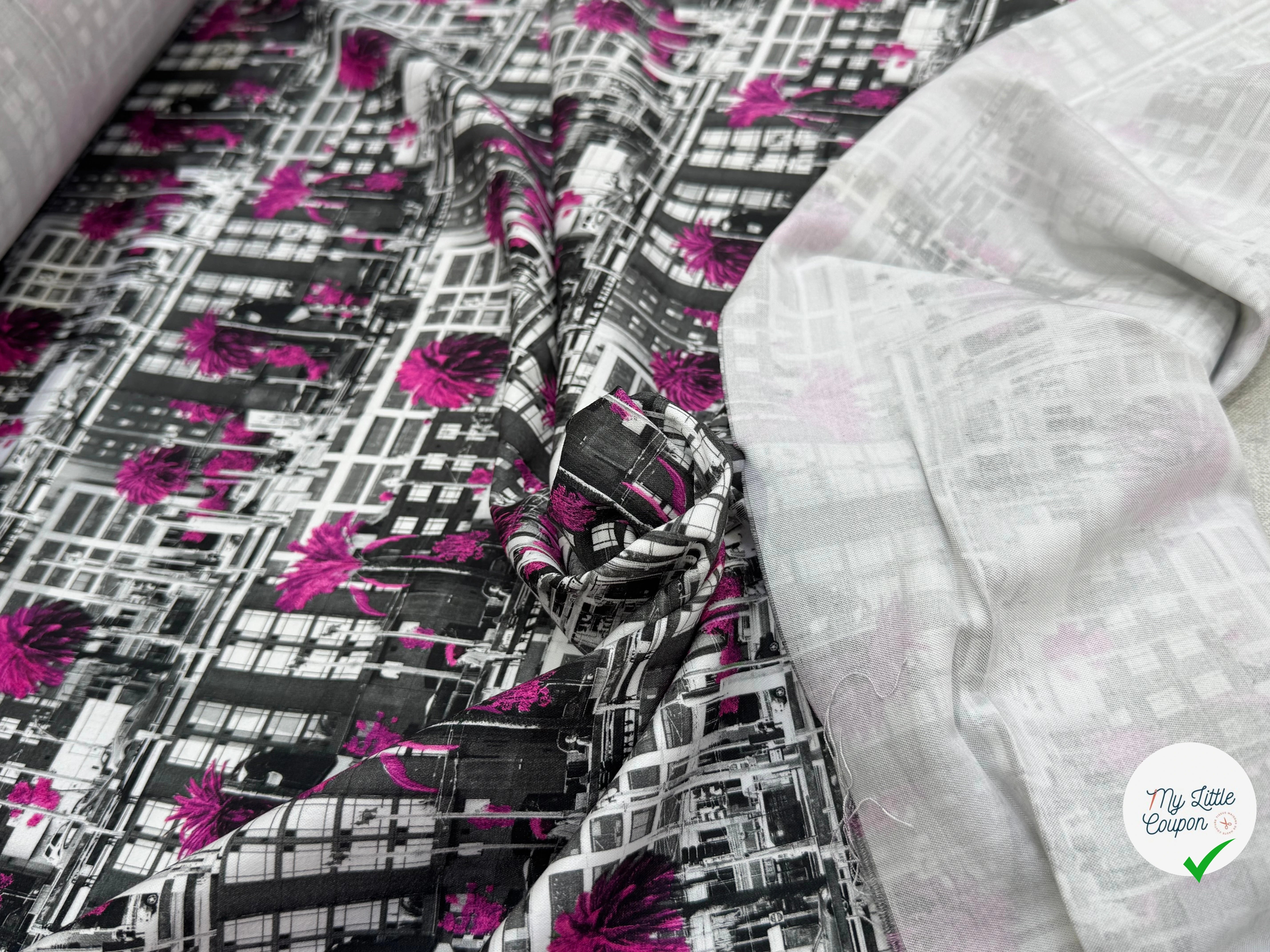 TOILE DE COTON NOBILEST STRETCH IMPRIMÉ GRAPHIQUE PALMIER ROSE - My Little Coupon