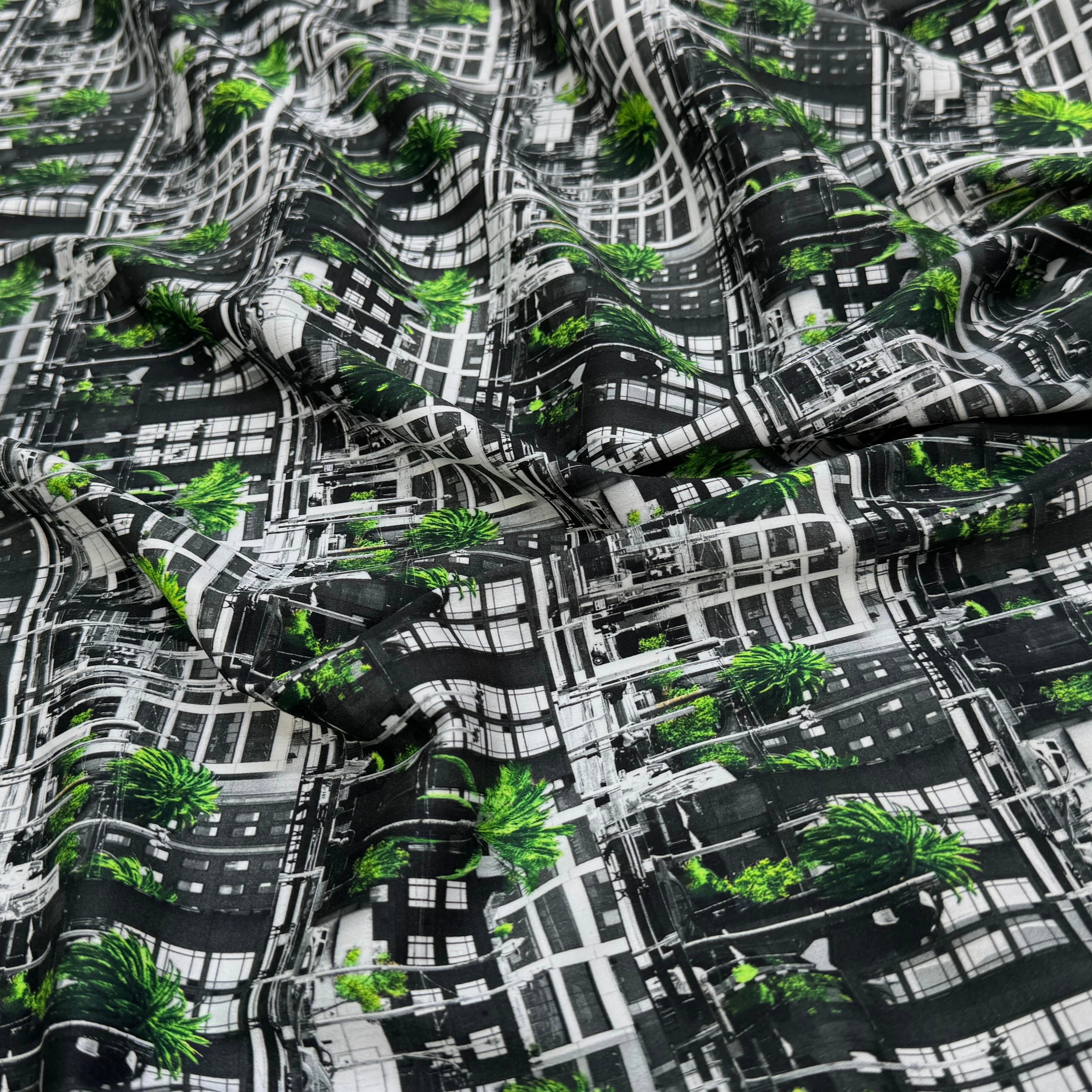 TOILE DE COTON NOBILEST STRETCH IMPRIMÉ GRAPHIQUE PALMIER VERT - My Little Coupon