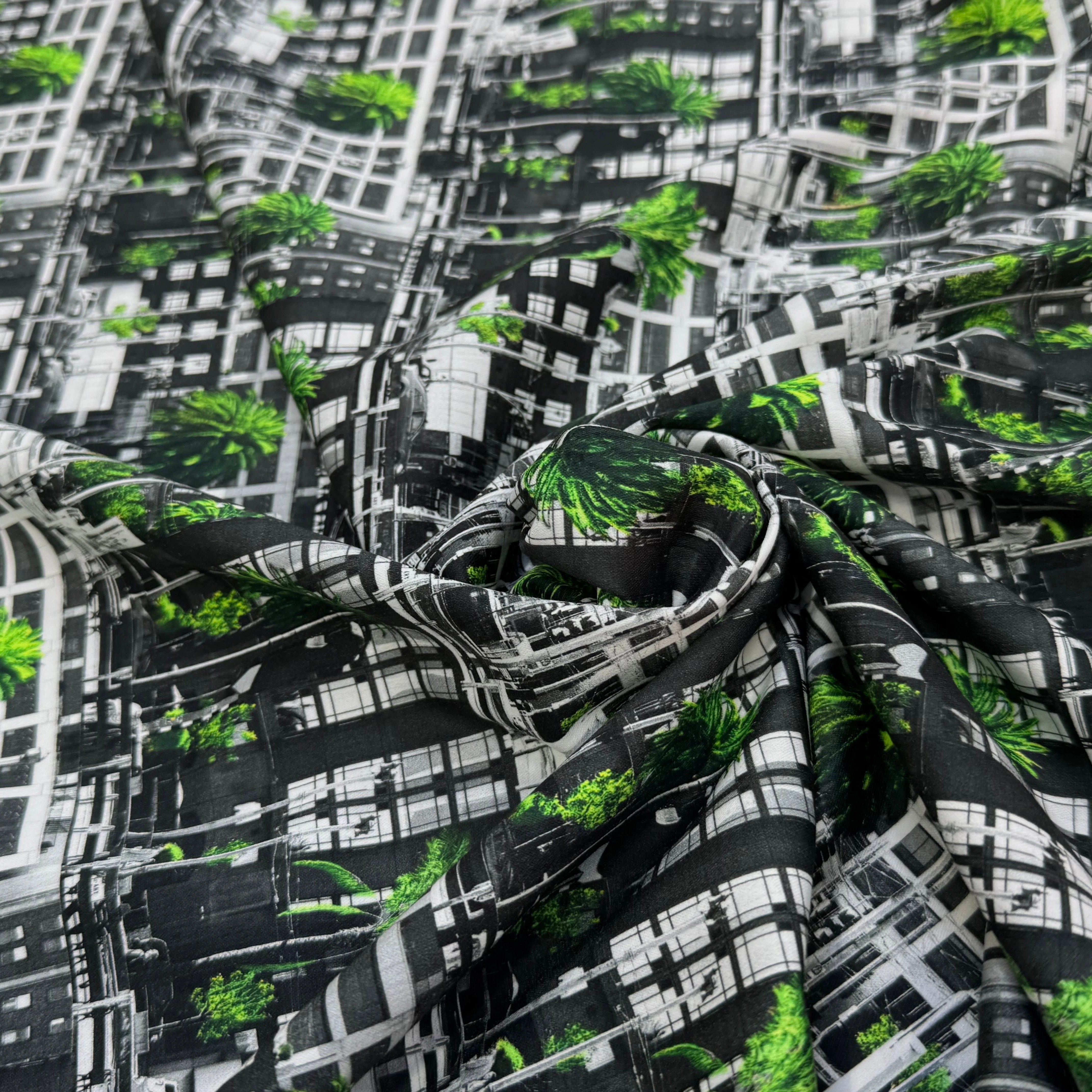 TOILE DE COTON NOBILEST STRETCH IMPRIMÉ GRAPHIQUE PALMIER VERT - My Little Coupon