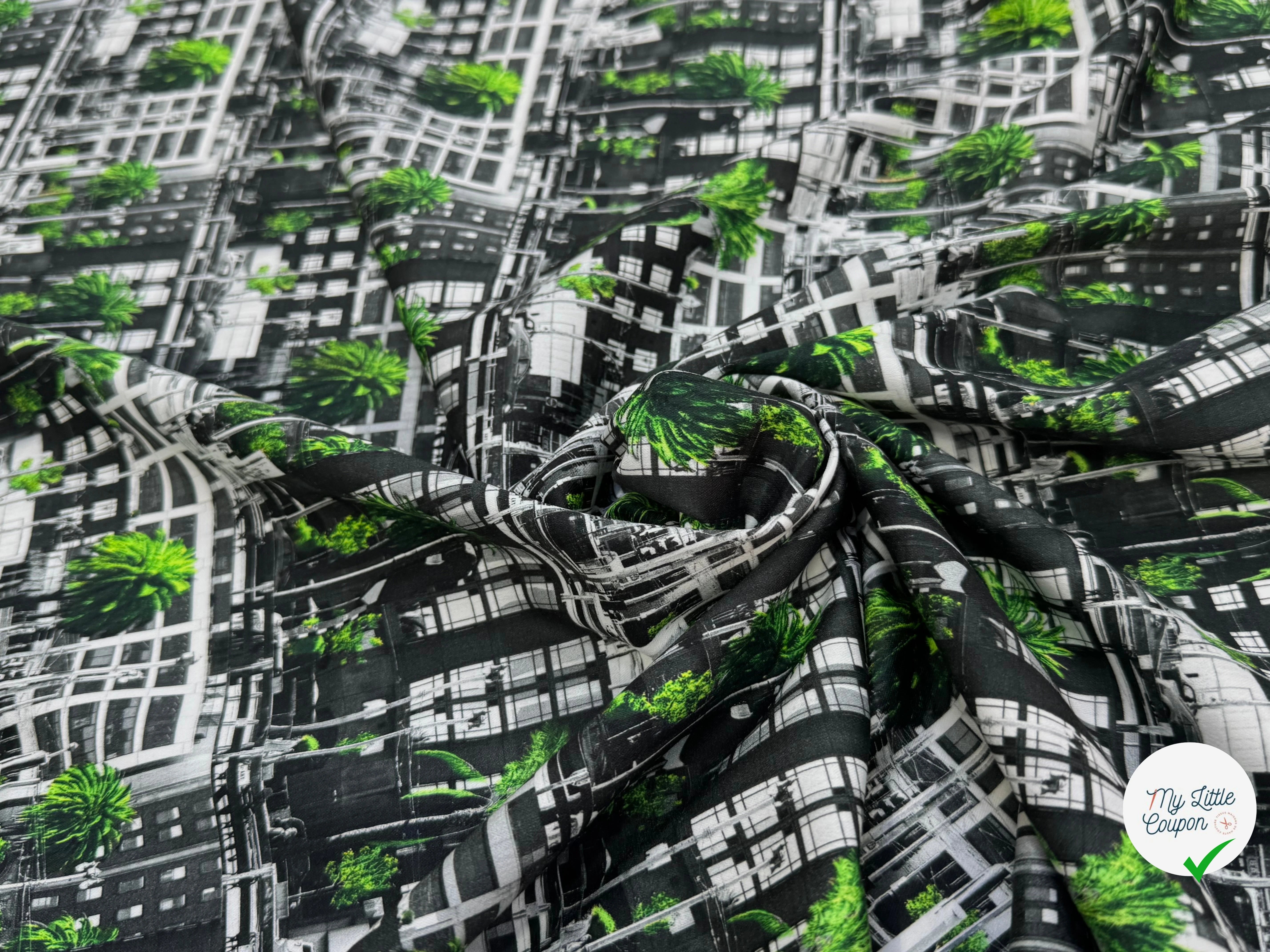 TOILE DE COTON NOBILEST STRETCH IMPRIMÉ GRAPHIQUE PALMIER VERT - My Little Coupon