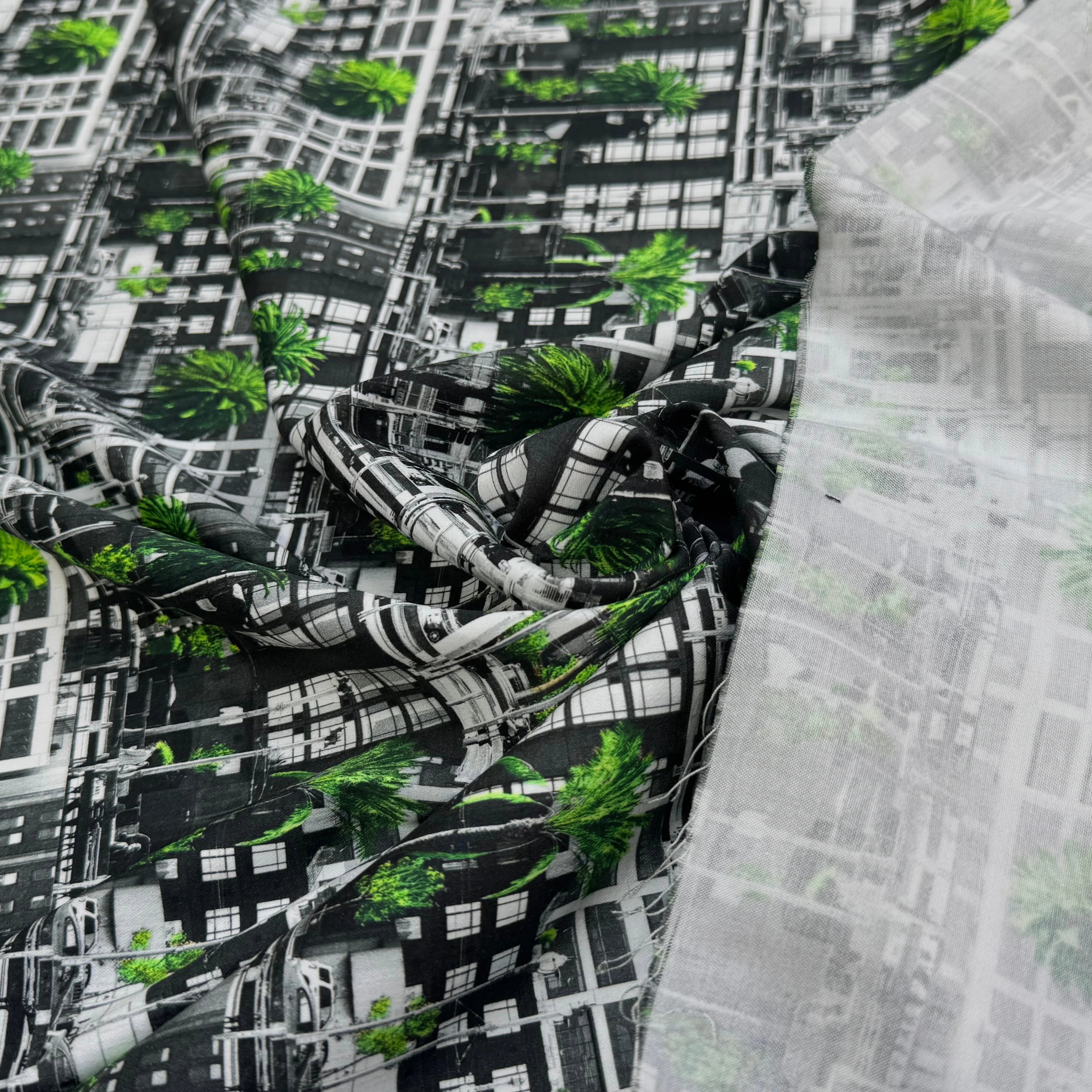 TOILE DE COTON NOBILEST STRETCH IMPRIMÉ GRAPHIQUE PALMIER VERT - My Little Coupon