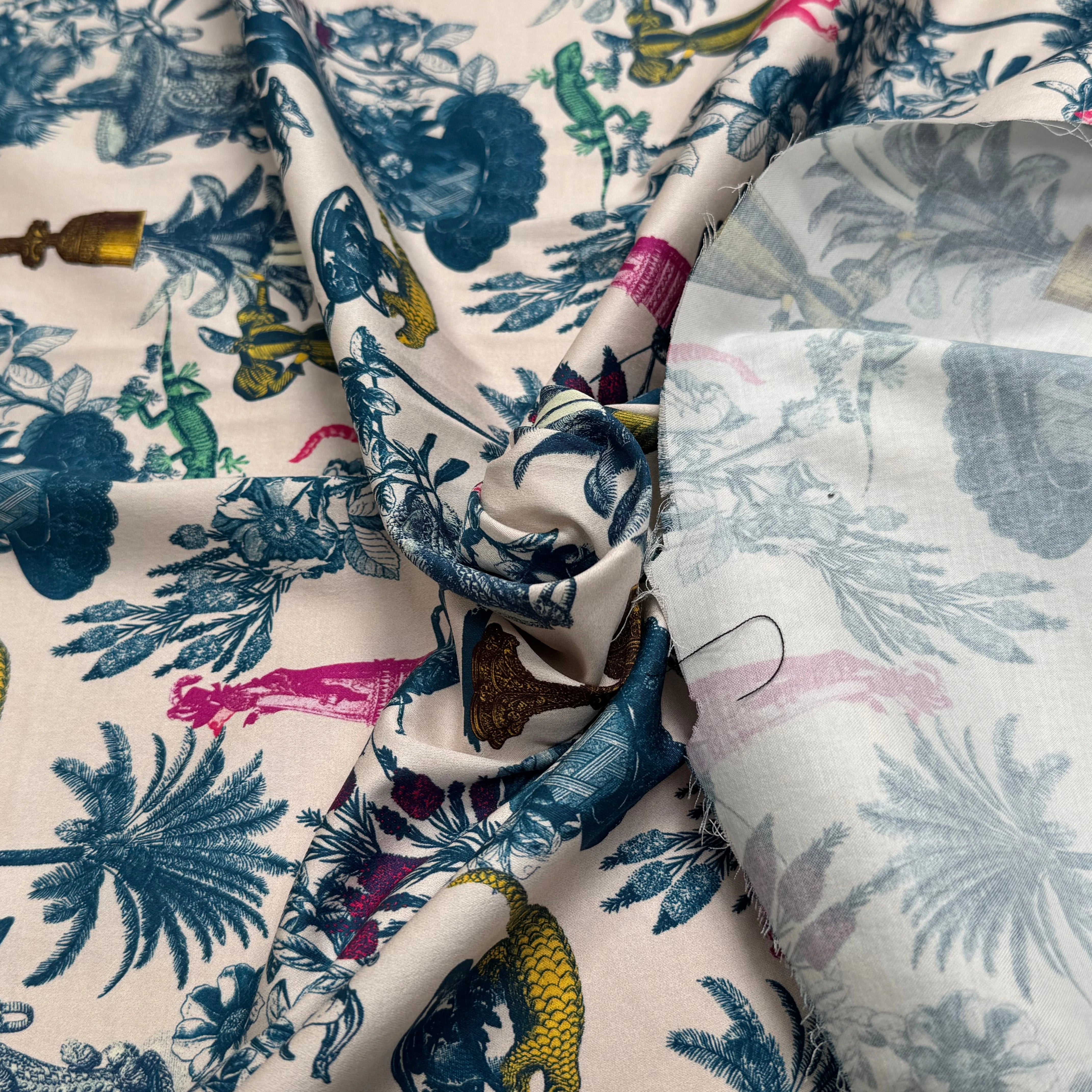 TOILE DE COTON STRETCH IMPRIMÉ TOILE DE JOUY BLEU CHUPITO TEATIME BLEU - My Little Coupon