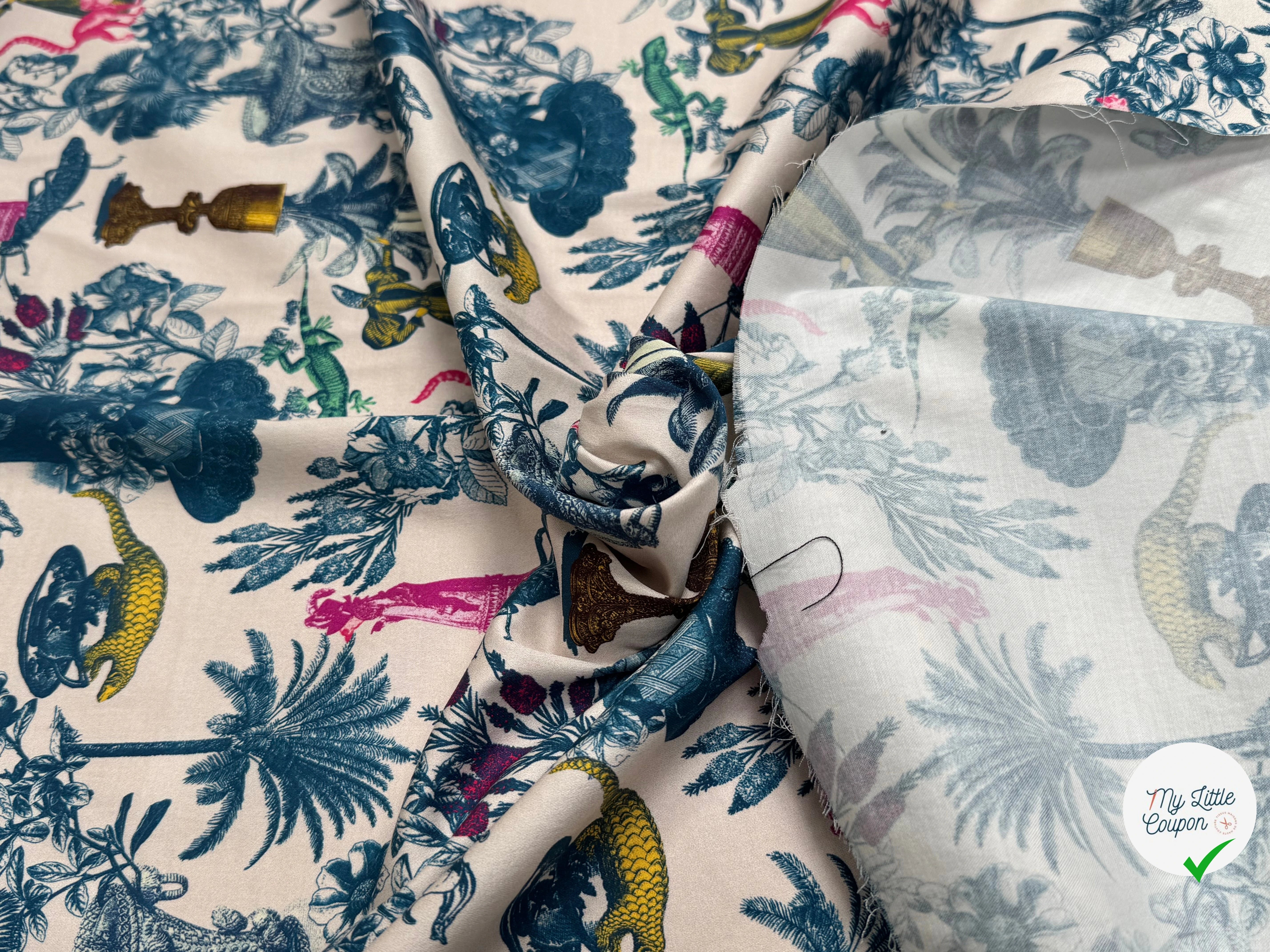 TOILE DE COTON STRETCH IMPRIMÉ TOILE DE JOUY BLEU CHUPITO TEATIME BLEU - My Little Coupon