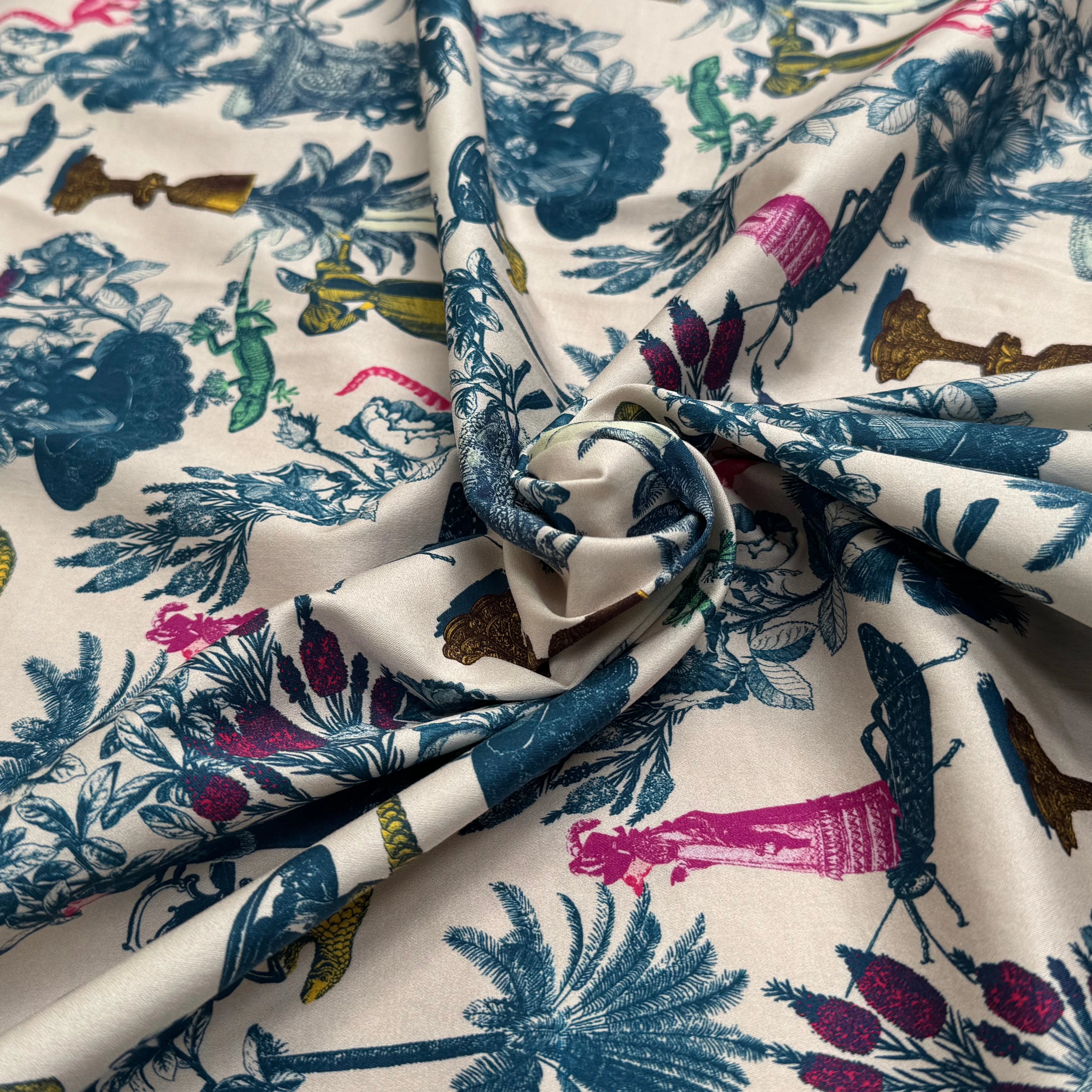 TOILE DE COTON STRETCH IMPRIMÉ TOILE DE JOUY BLEU CHUPITO TEATIME BLEU - My Little Coupon