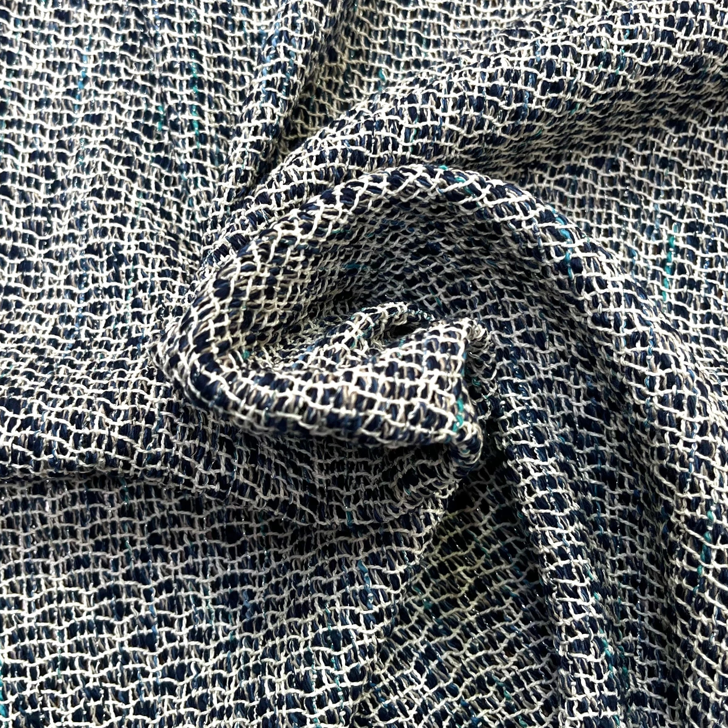 TWEED AVEC ARMATURE BLANCHE ET FOND BLEU MARINE ET BLEU CYAN - My Little Coupon