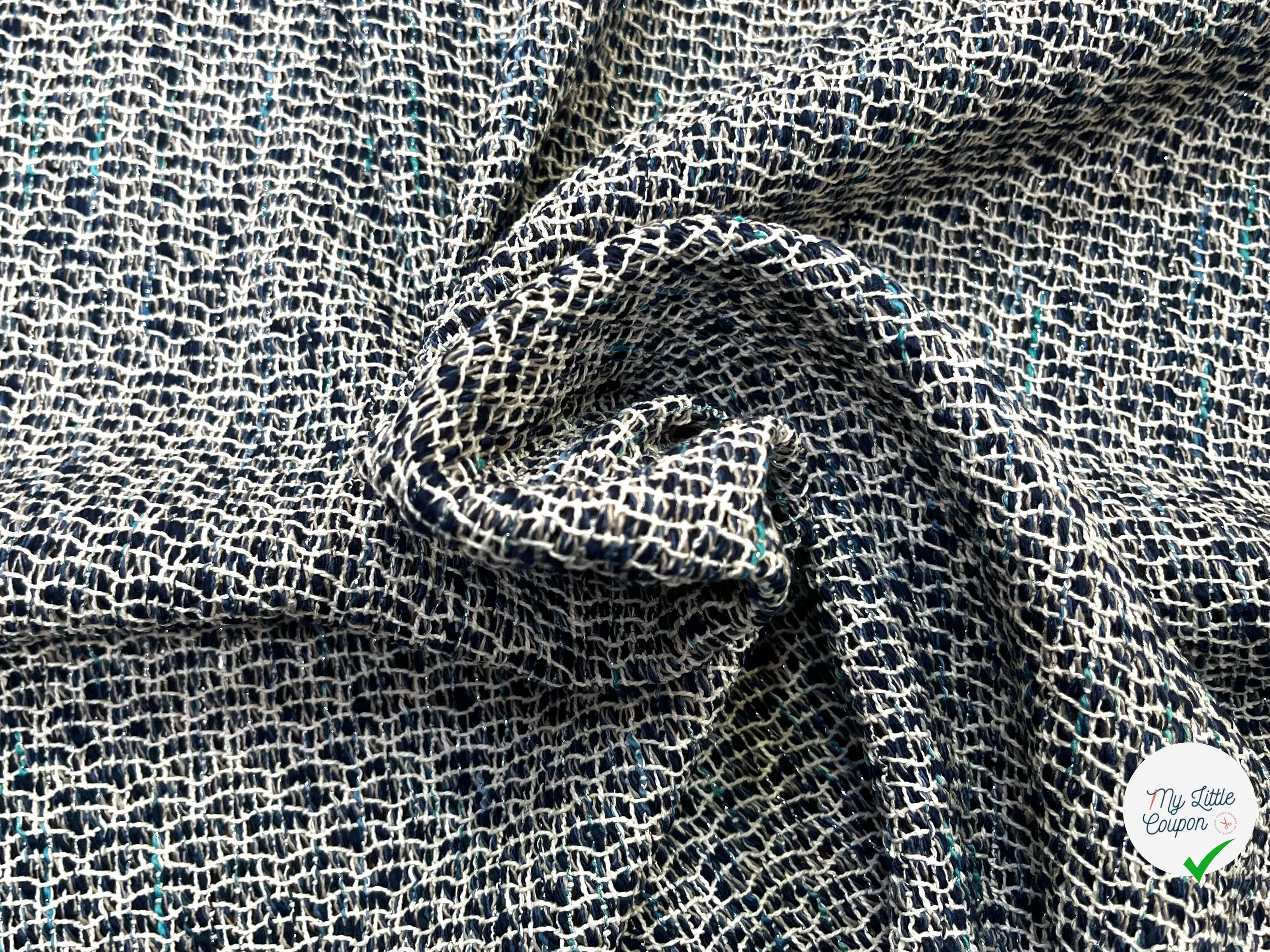 TWEED AVEC ARMATURE BLANCHE ET FOND BLEU MARINE ET BLEU CYAN - My Little Coupon