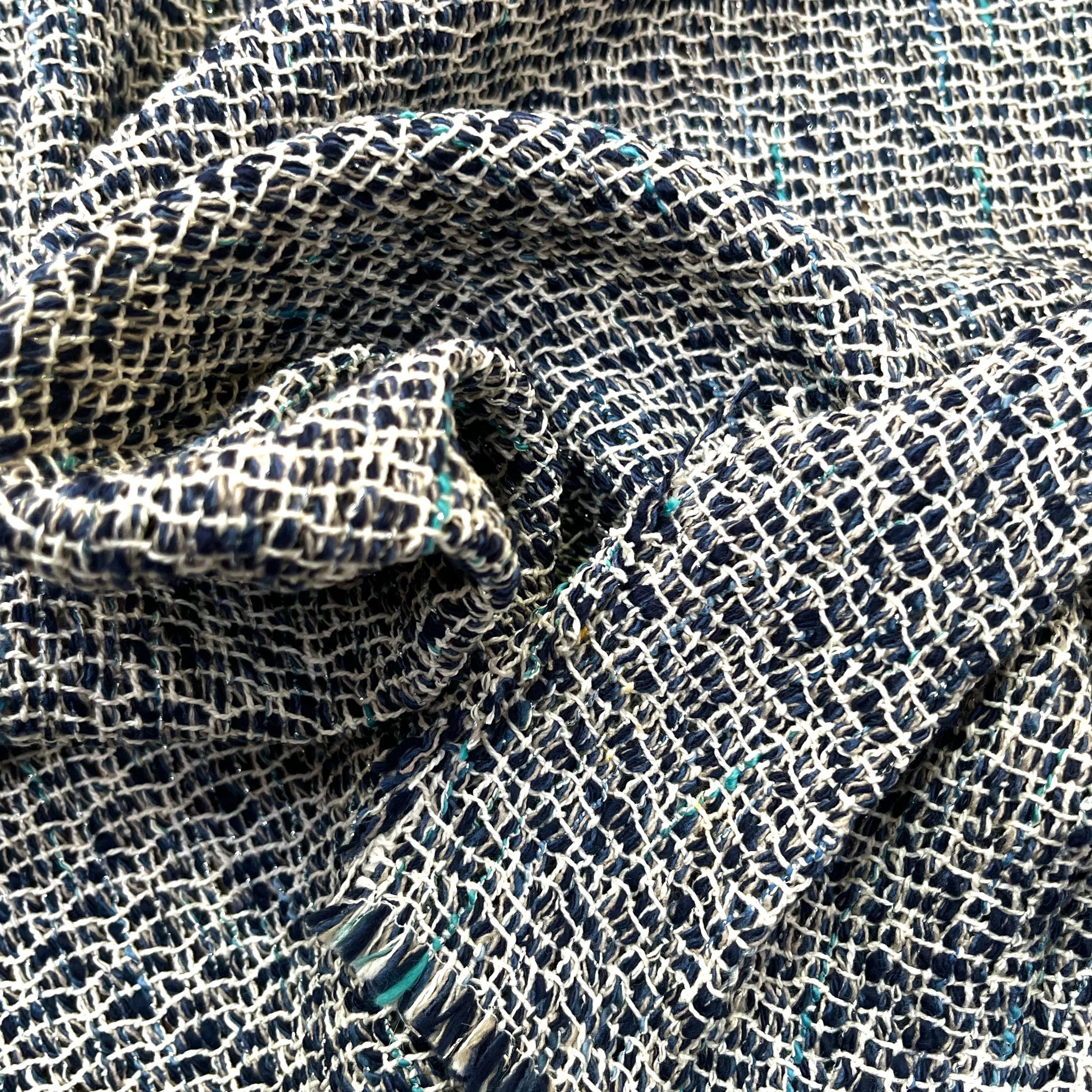 TWEED AVEC ARMATURE BLANCHE ET FOND BLEU MARINE ET BLEU CYAN - My Little Coupon
