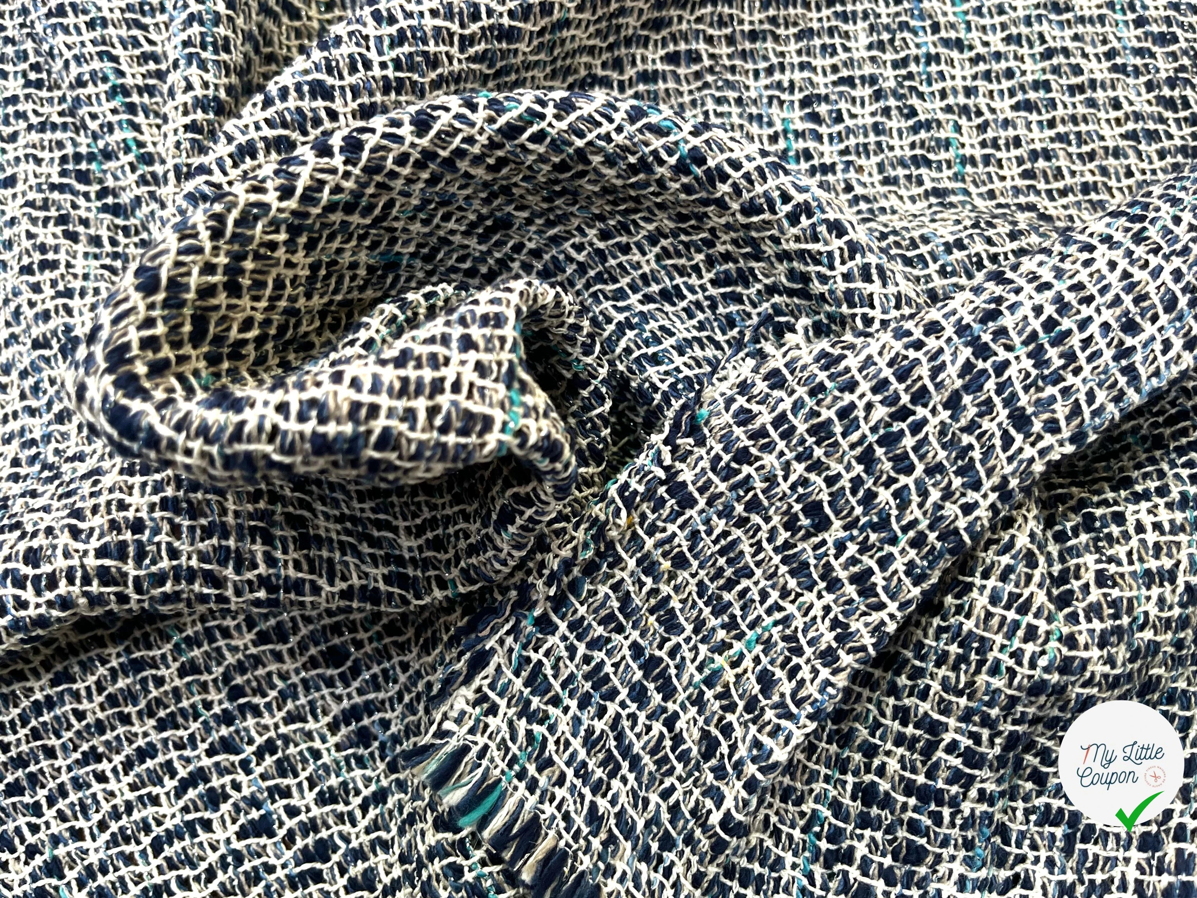 TWEED AVEC ARMATURE BLANCHE ET FOND BLEU MARINE ET BLEU CYAN - My Little Coupon