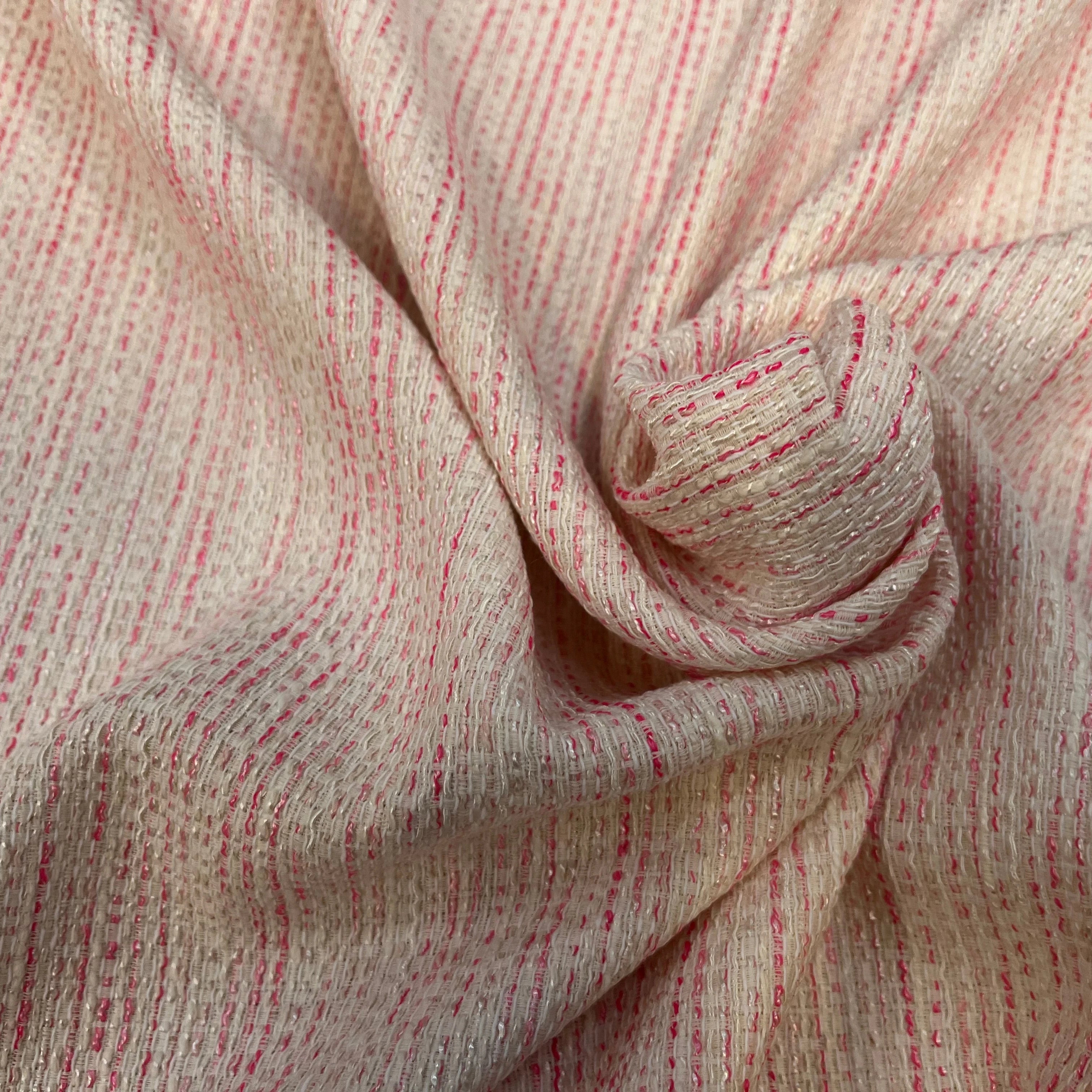 TWEED DE COTON BLANC À RAYURES ROSES - My Little Coupon