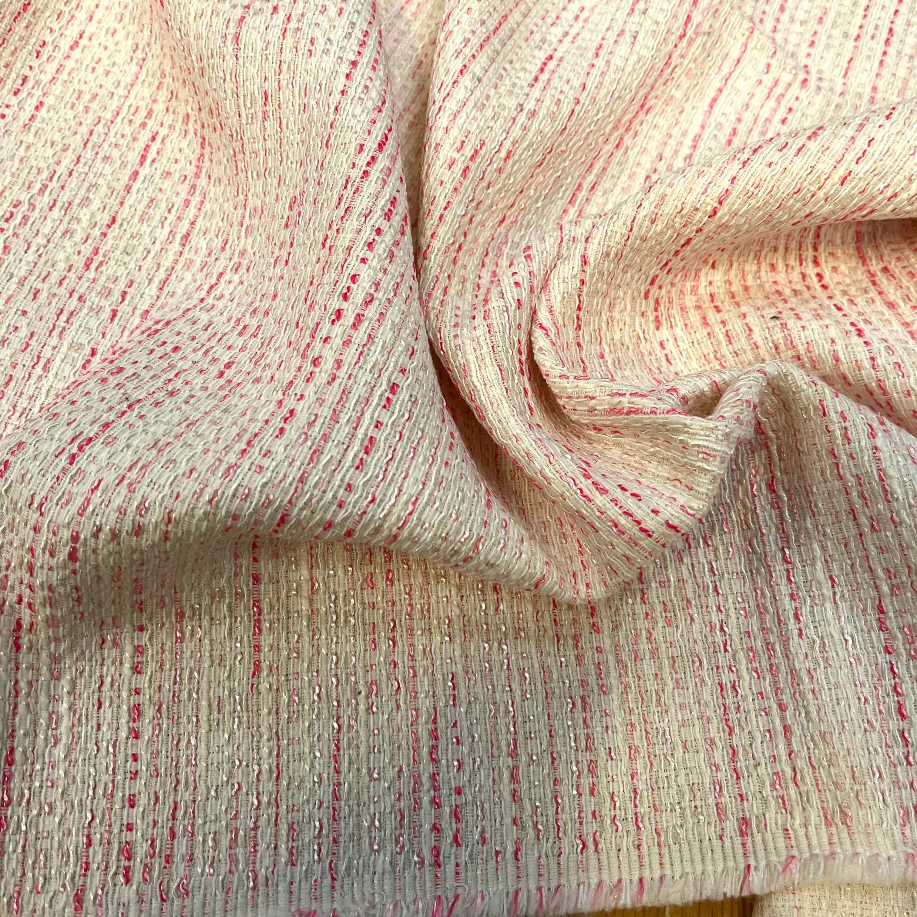 TWEED DE COTON BLANC À RAYURES ROSES - My Little Coupon