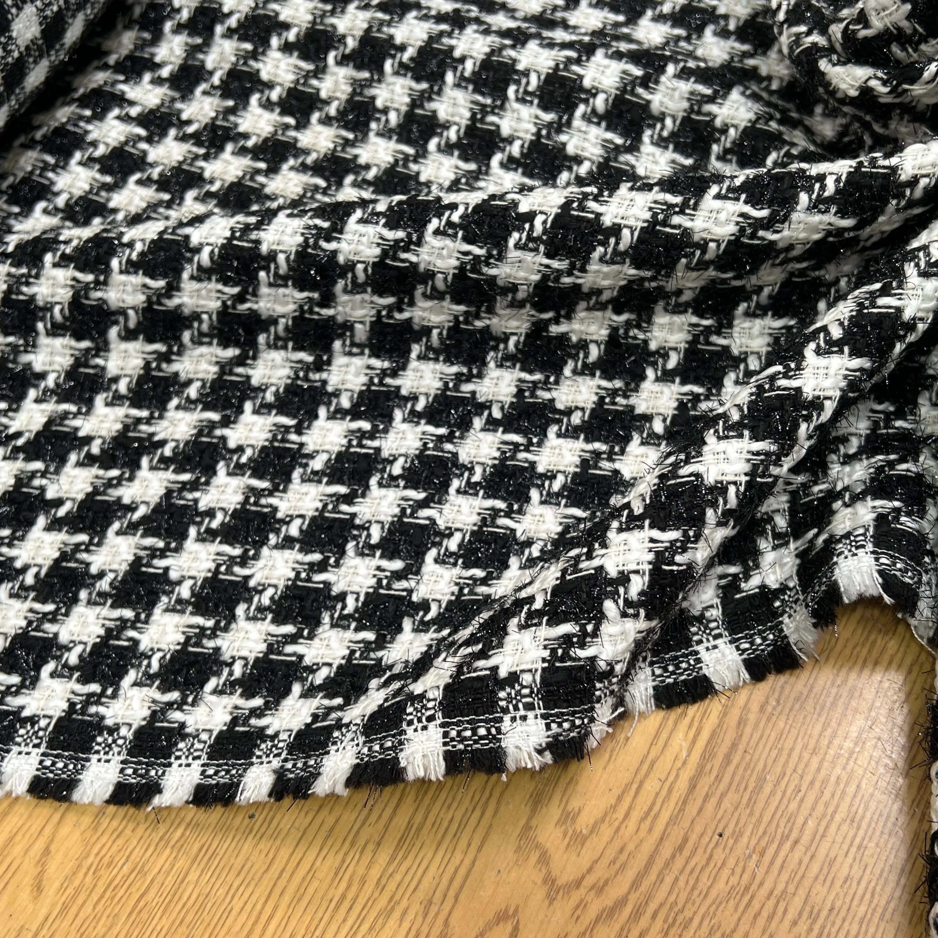 TWEED POLYCOTON ET VISCOSE PIED DE COQ BLANC NOIR 6% LUREX - My Little Coupon