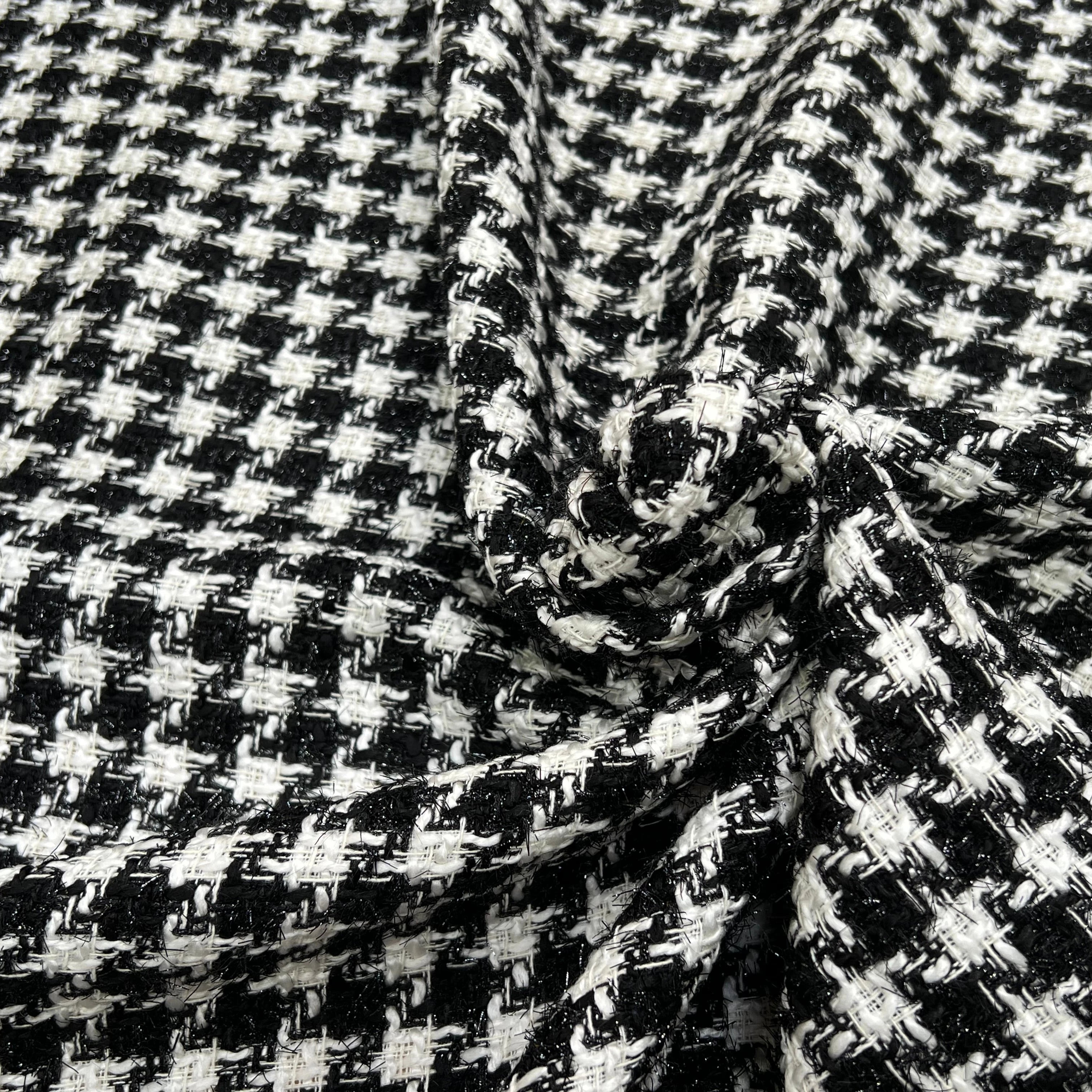 TWEED POLYCOTON ET VISCOSE PIED DE COQ BLANC NOIR 6% LUREX - My Little Coupon