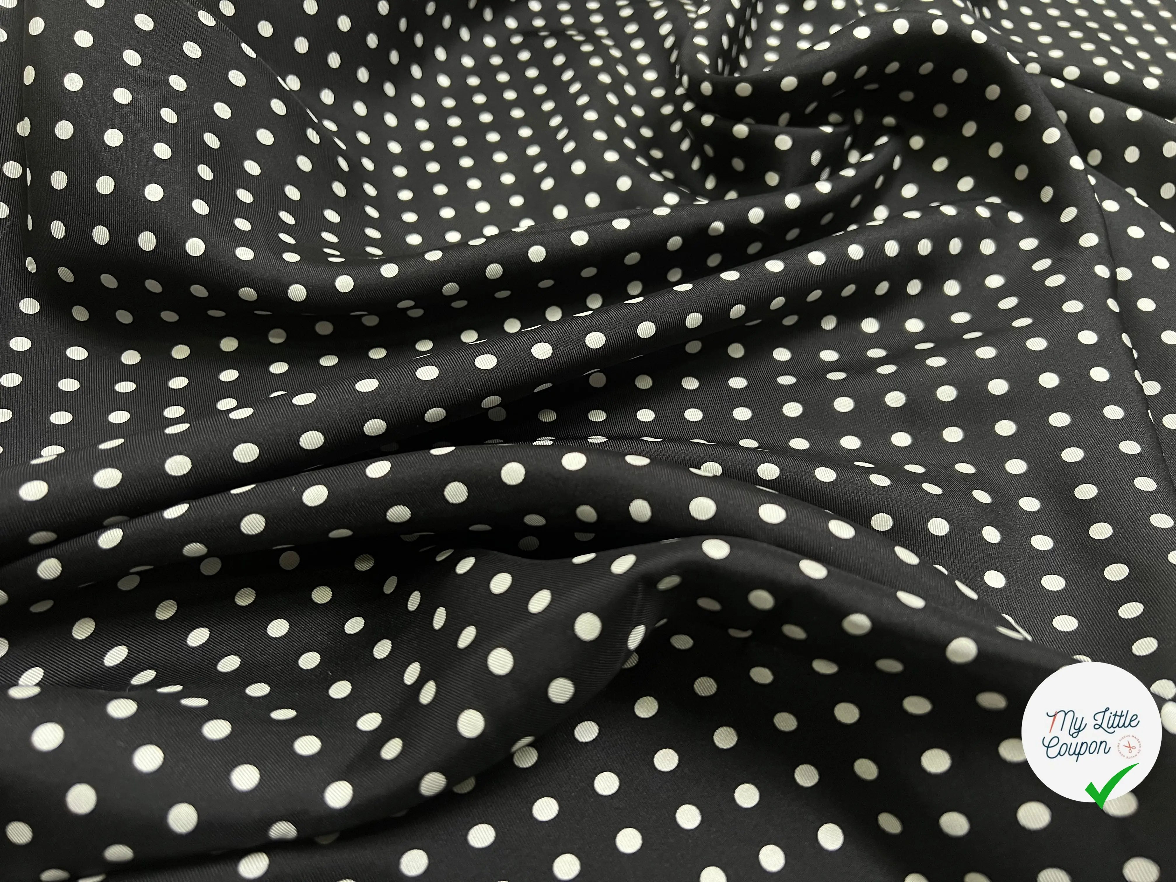 TWILL DE SOIE FOND NOIR POIS BLANC 5 MM - My Little Coupon - tissu - coudre