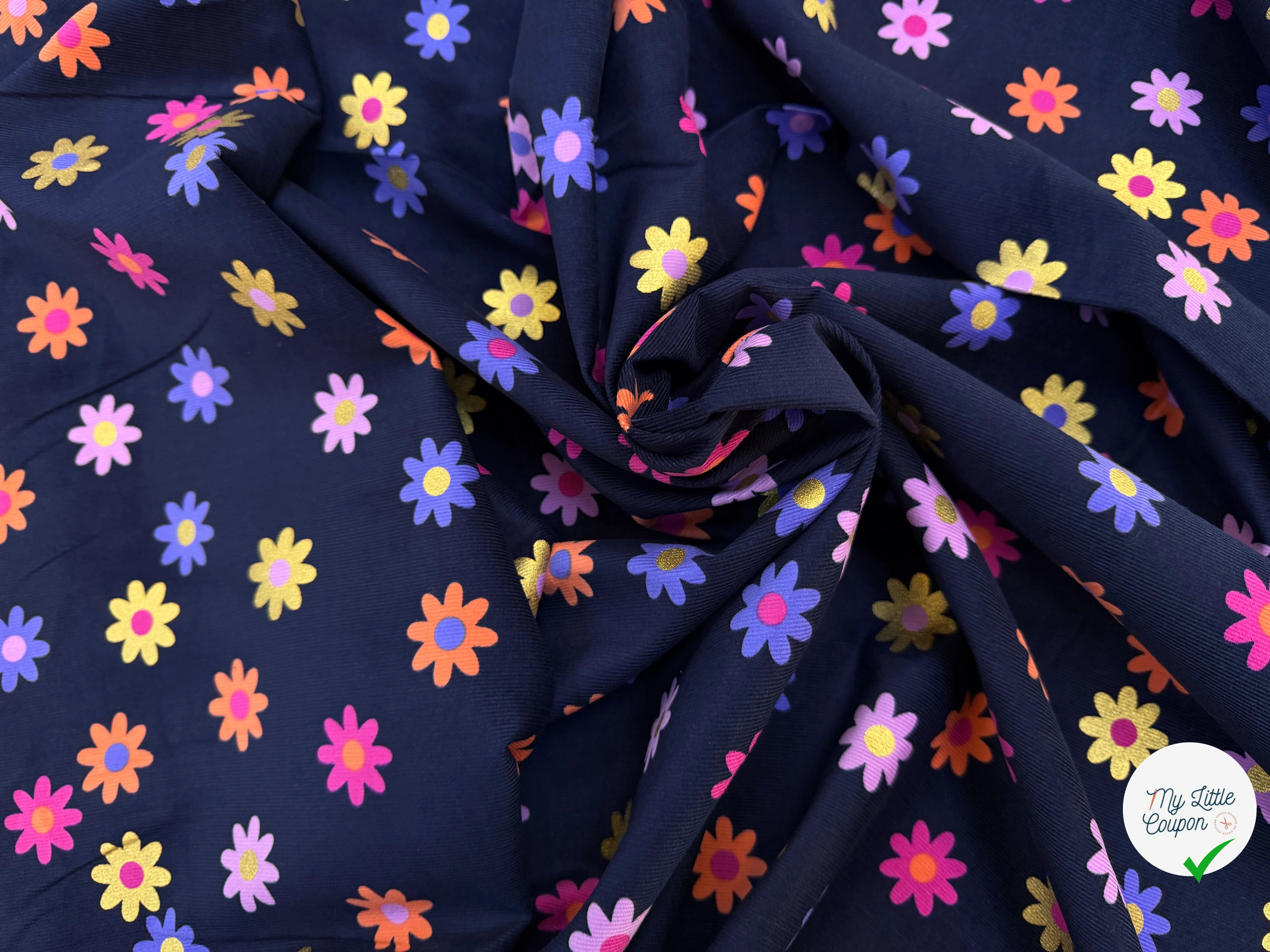 VELOURS BABYCORD FLOWERS – NAVY MULTI - My Little Coupon