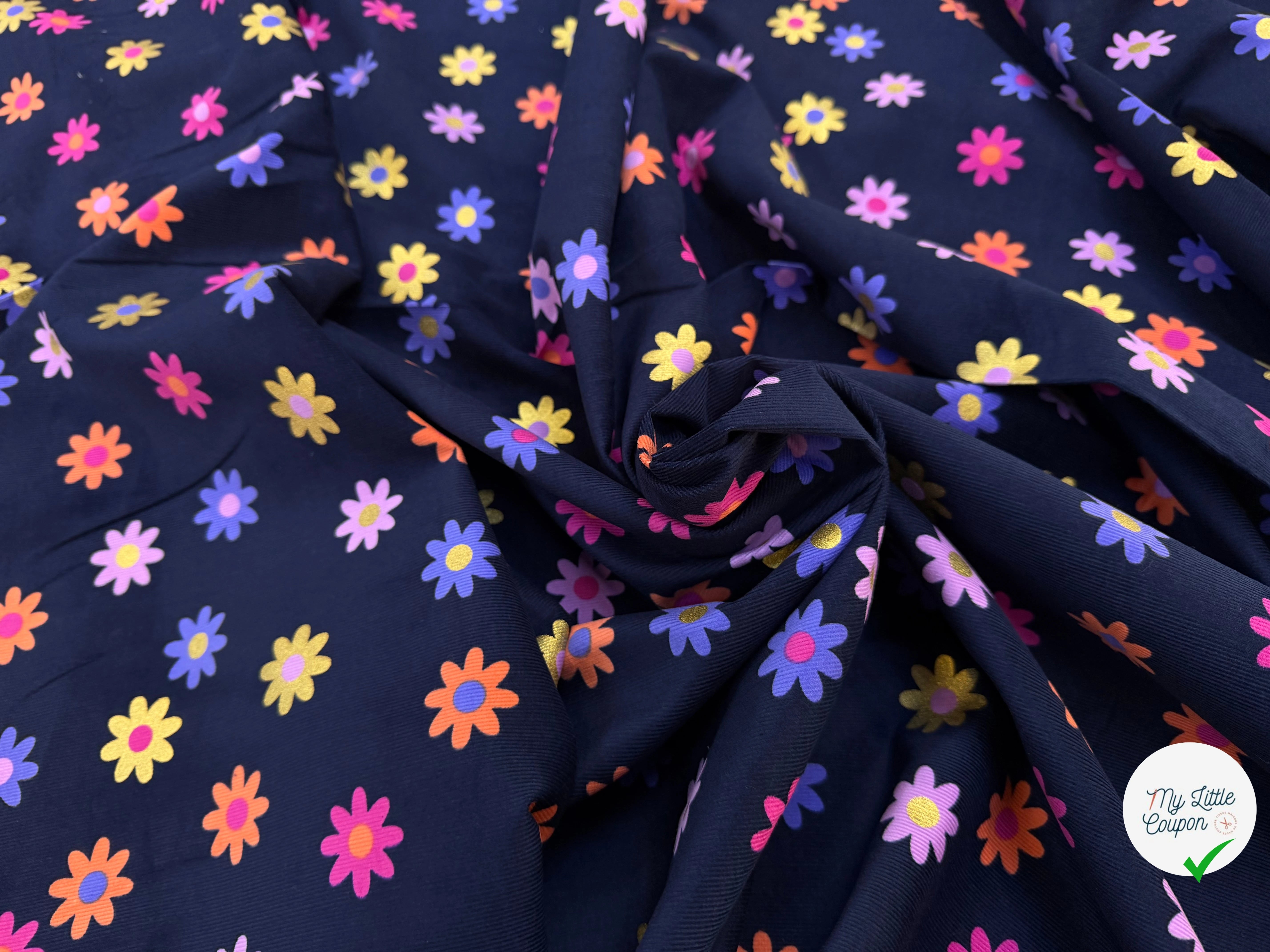 VELOURS BABYCORD FLOWERS – NAVY MULTI - My Little Coupon