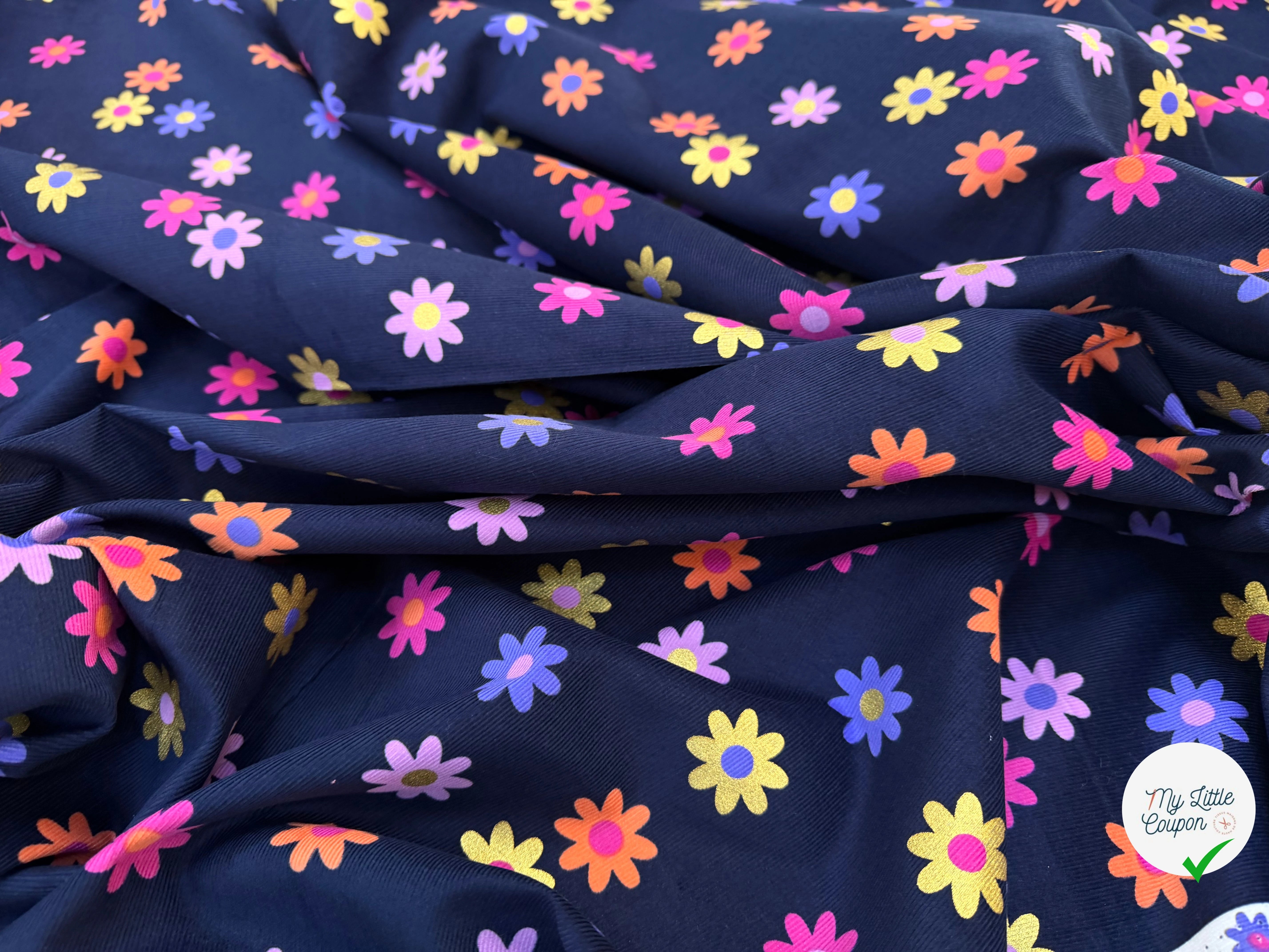 VELOURS BABYCORD FLOWERS – NAVY MULTI - My Little Coupon
