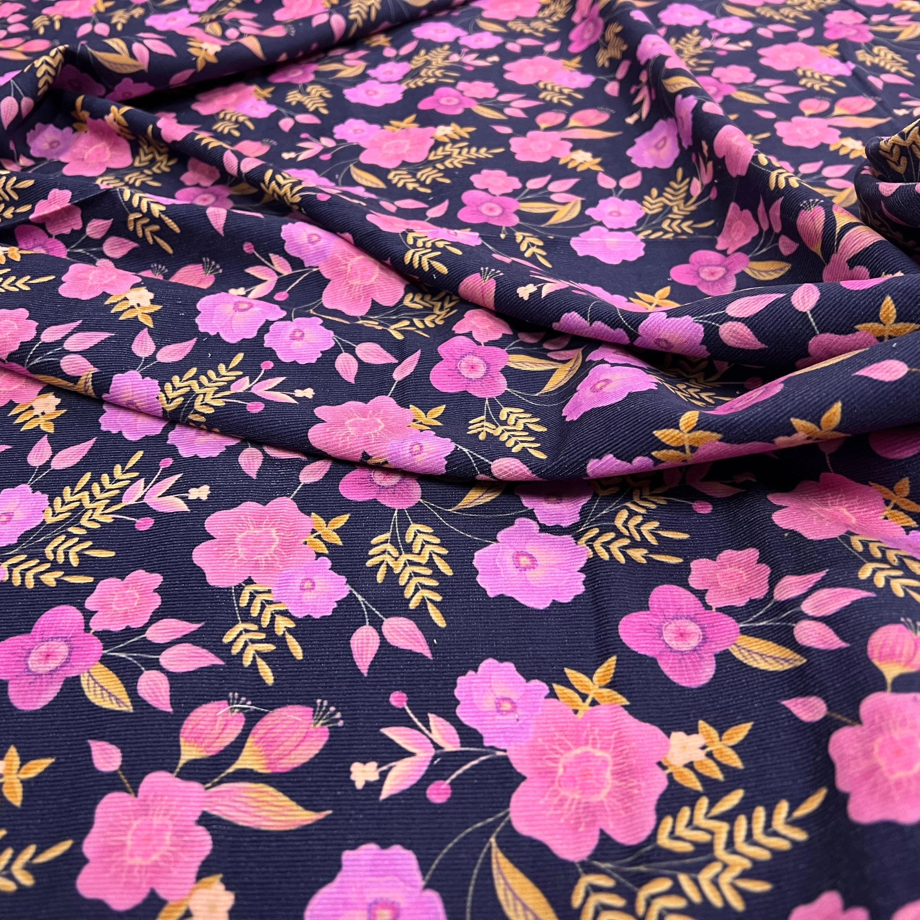 VELOURS COTON BABYCORD FOIL FLOWERS – NAVY - My Little Coupon