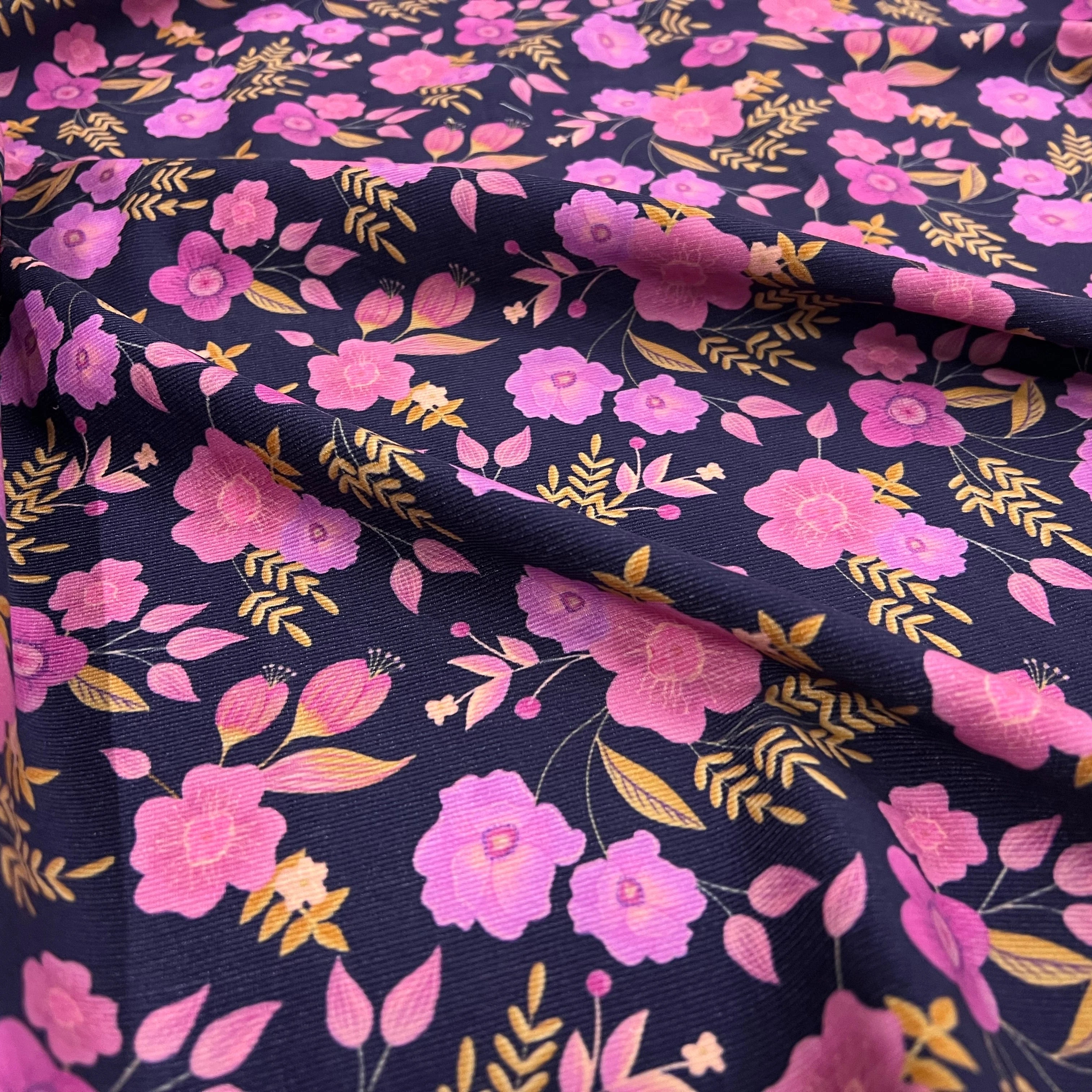 VELOURS COTON BABYCORD FOIL FLOWERS – NAVY - My Little Coupon