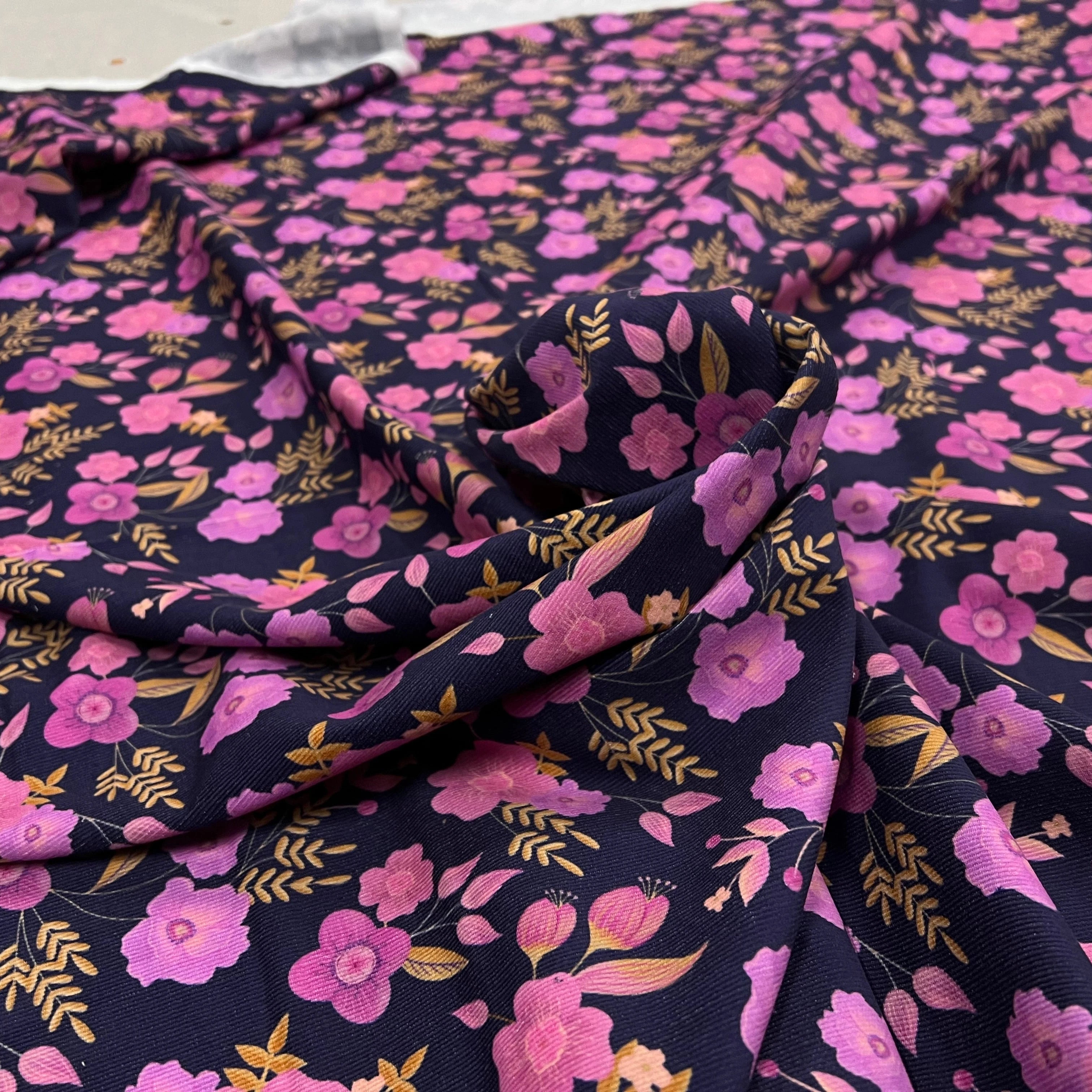 VELOURS COTON BABYCORD FOIL FLOWERS – NAVY - My Little Coupon