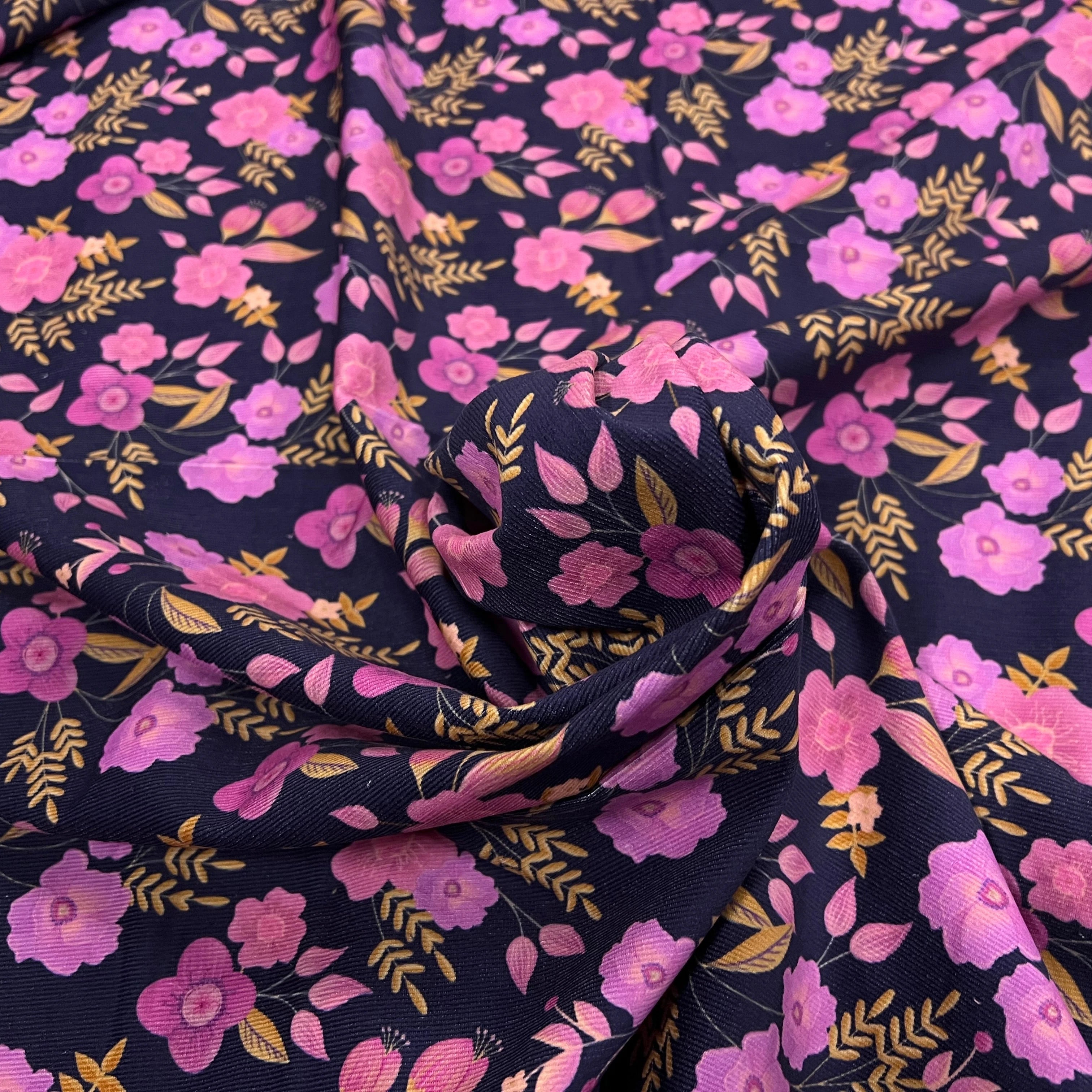 VELOURS COTON BABYCORD FOIL FLOWERS – NAVY - My Little Coupon