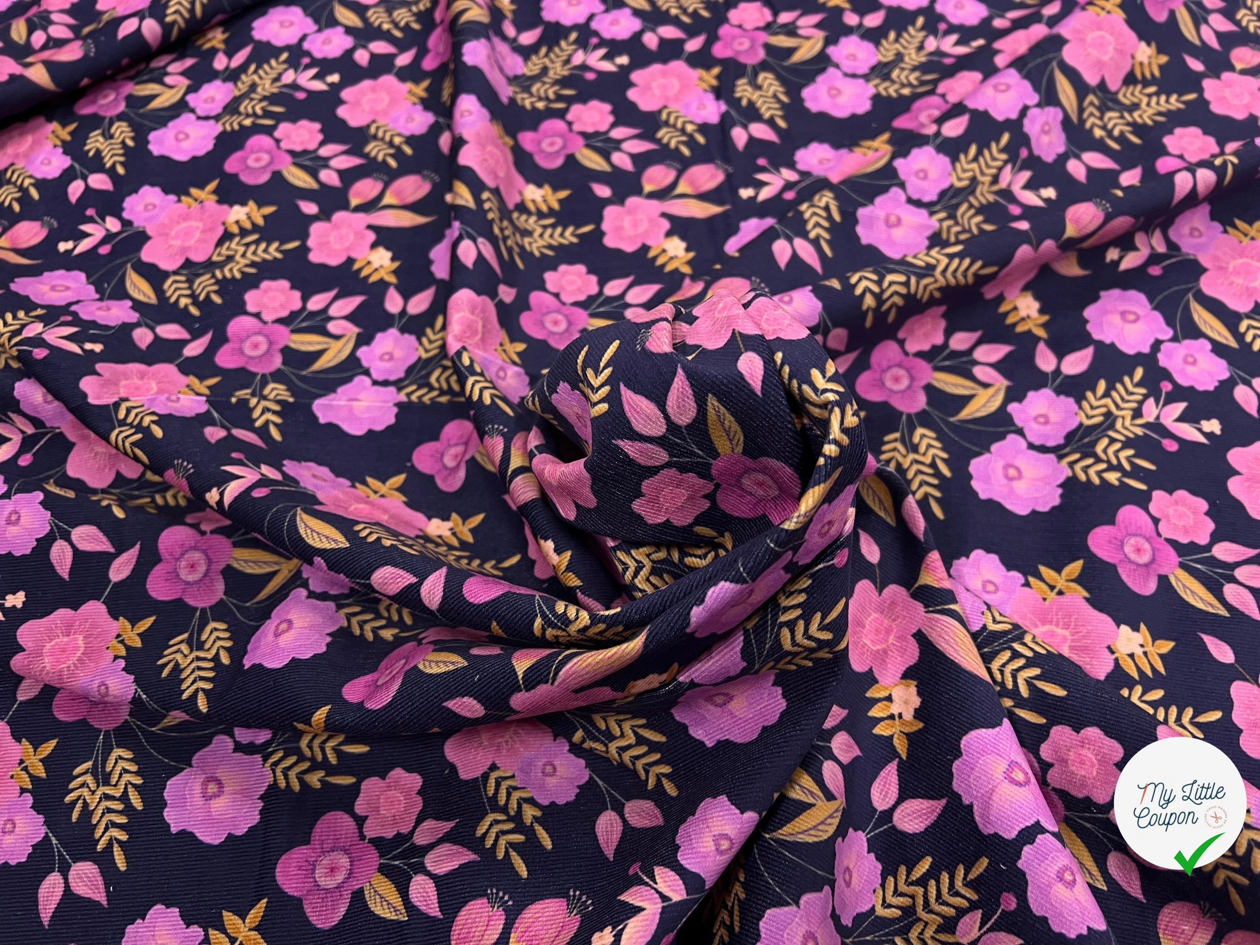 VELOURS COTON BABYCORD FOIL FLOWERS – NAVY - My Little Coupon