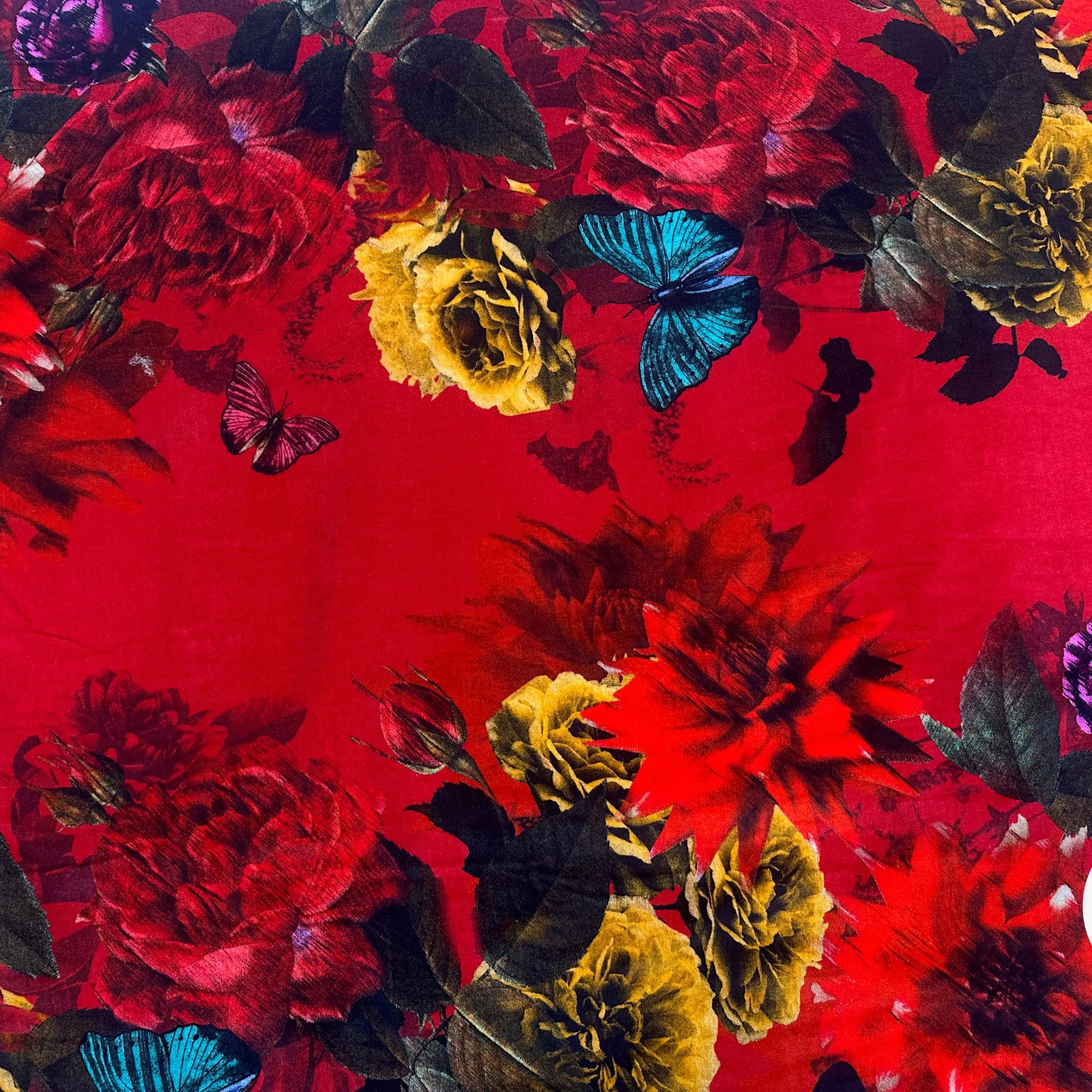 VELOURS DE COTON IMPRIMÉ FLORAL ET PAPILLONS ROUGE MLC INTERN