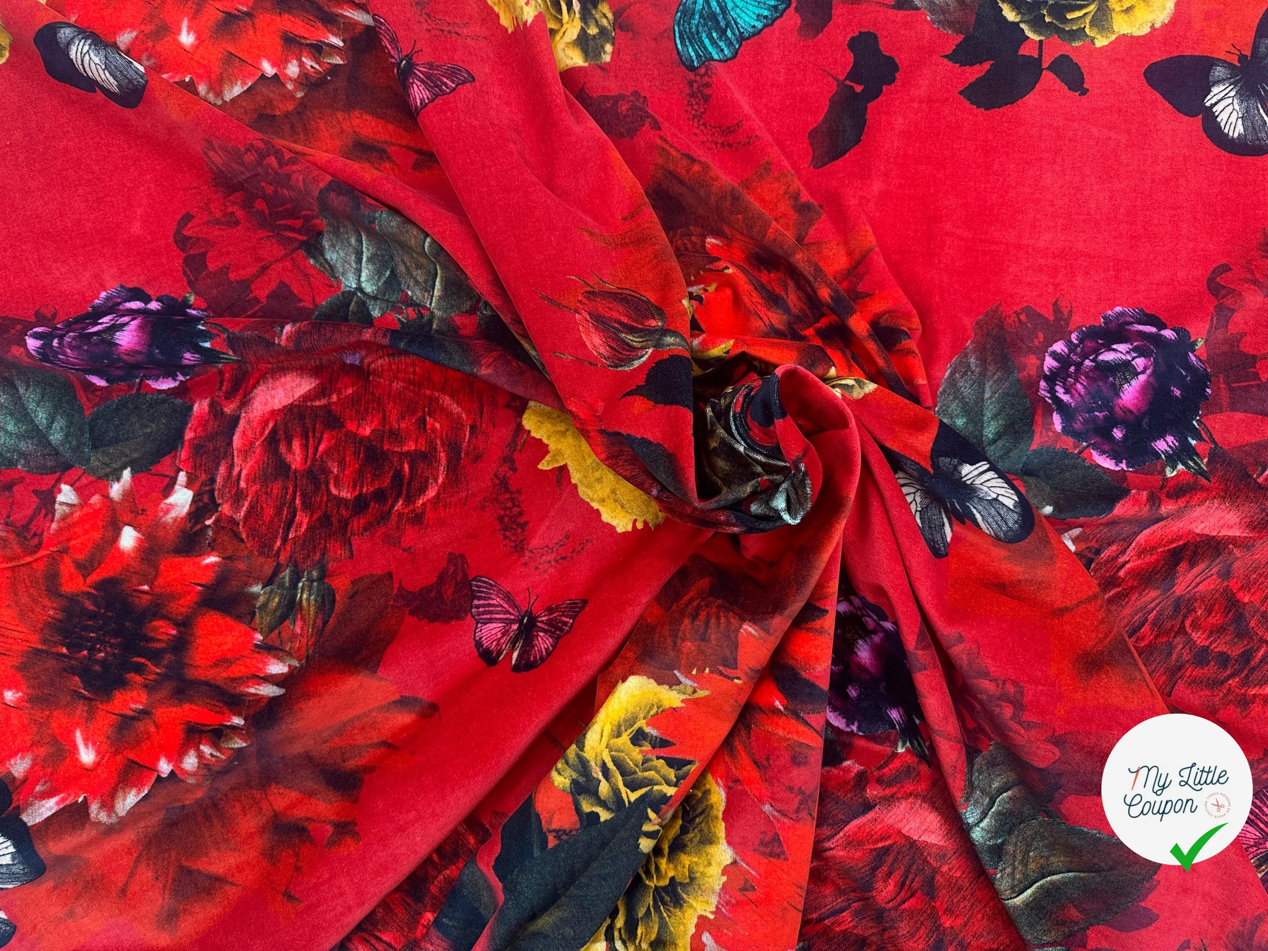 VELOURS DE COTON IMPRIMÉ FLORAL ET PAPILLONS ROUGE MLC INTERN