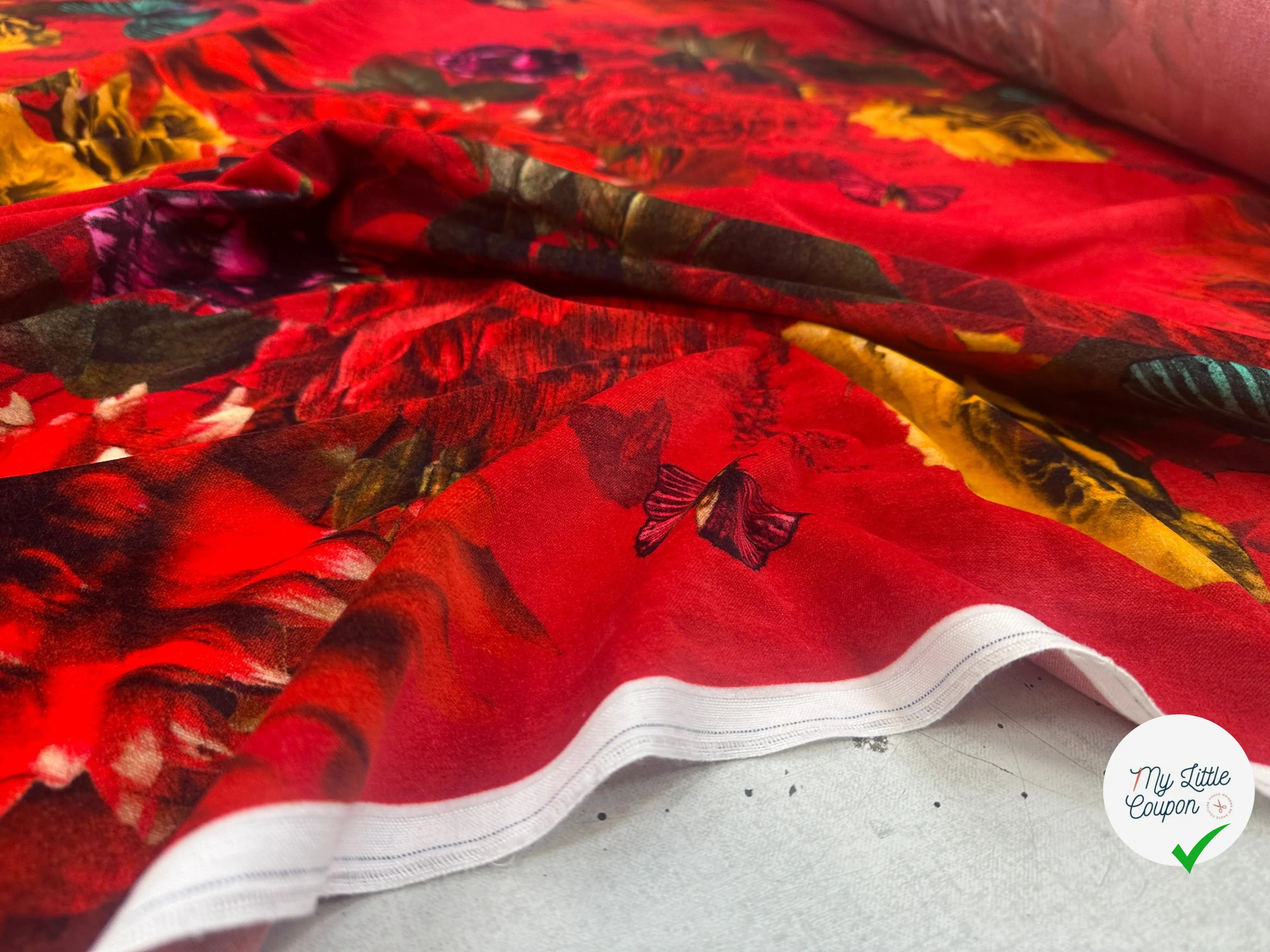 VELOURS DE COTON IMPRIMÉ FLORAL ET PAPILLONS ROUGE MLC INTERN