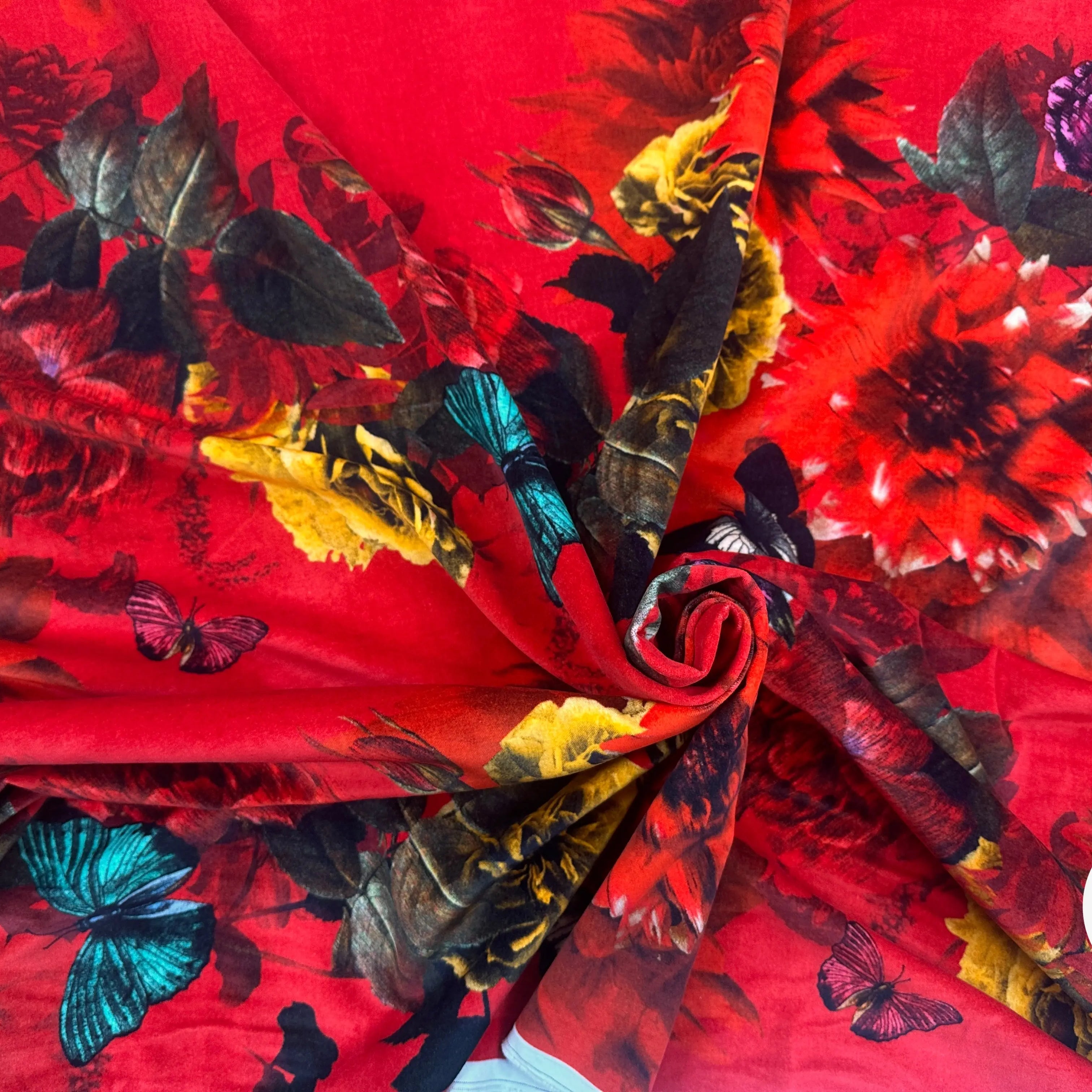 VELOURS DE COTON IMPRIMÉ FLORAL ET PAPILLONS ROUGE MLC INTERN