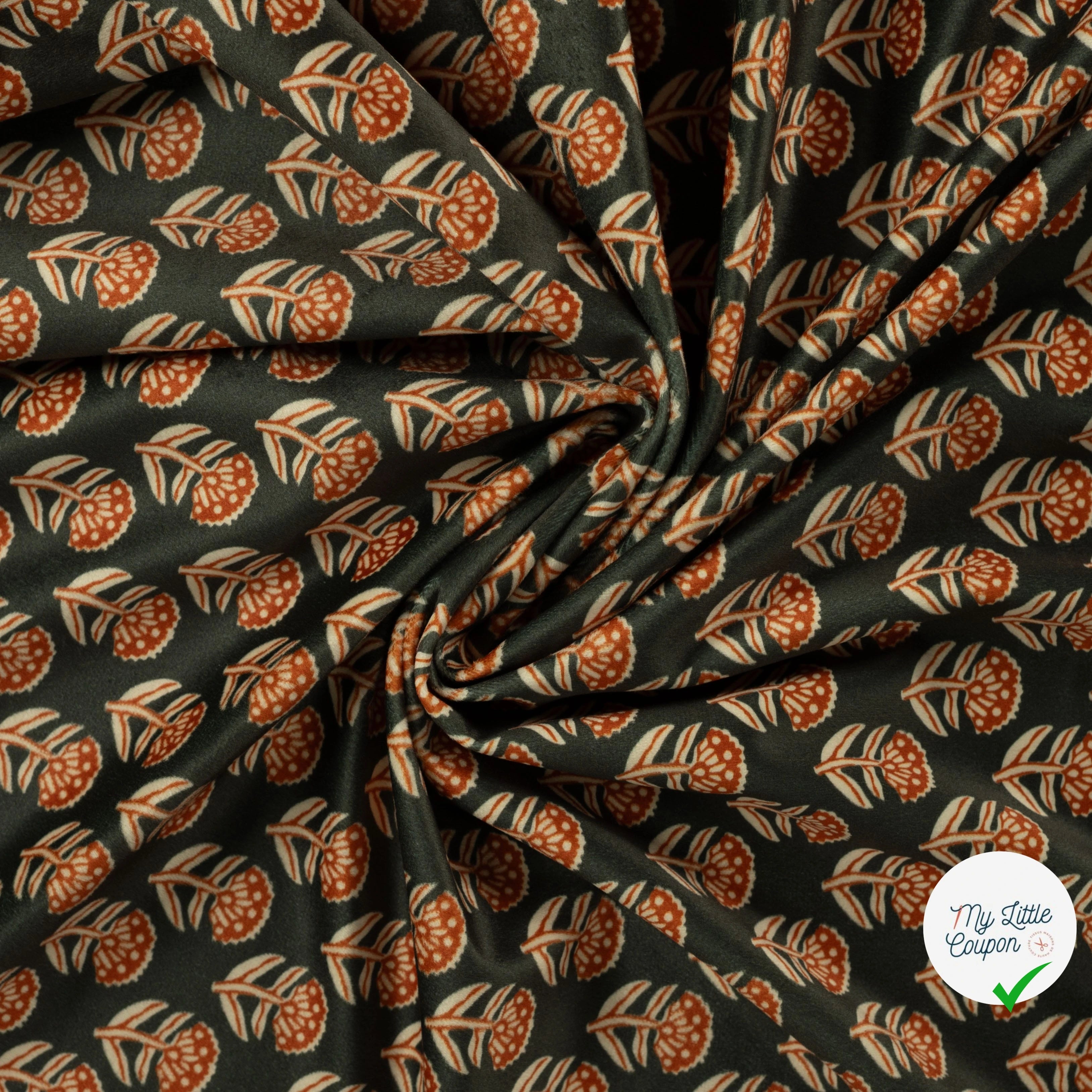 VELOURS IMPRIMÉ FLEURS BLOCKPRINT BRUN FONCÉ - drapé