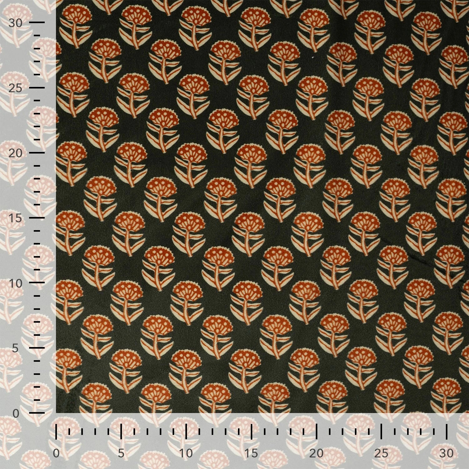 VELOURS IMPRIMÉ FLEURS BLOCKPRINT BRUN FONCÉ - échelle en cm