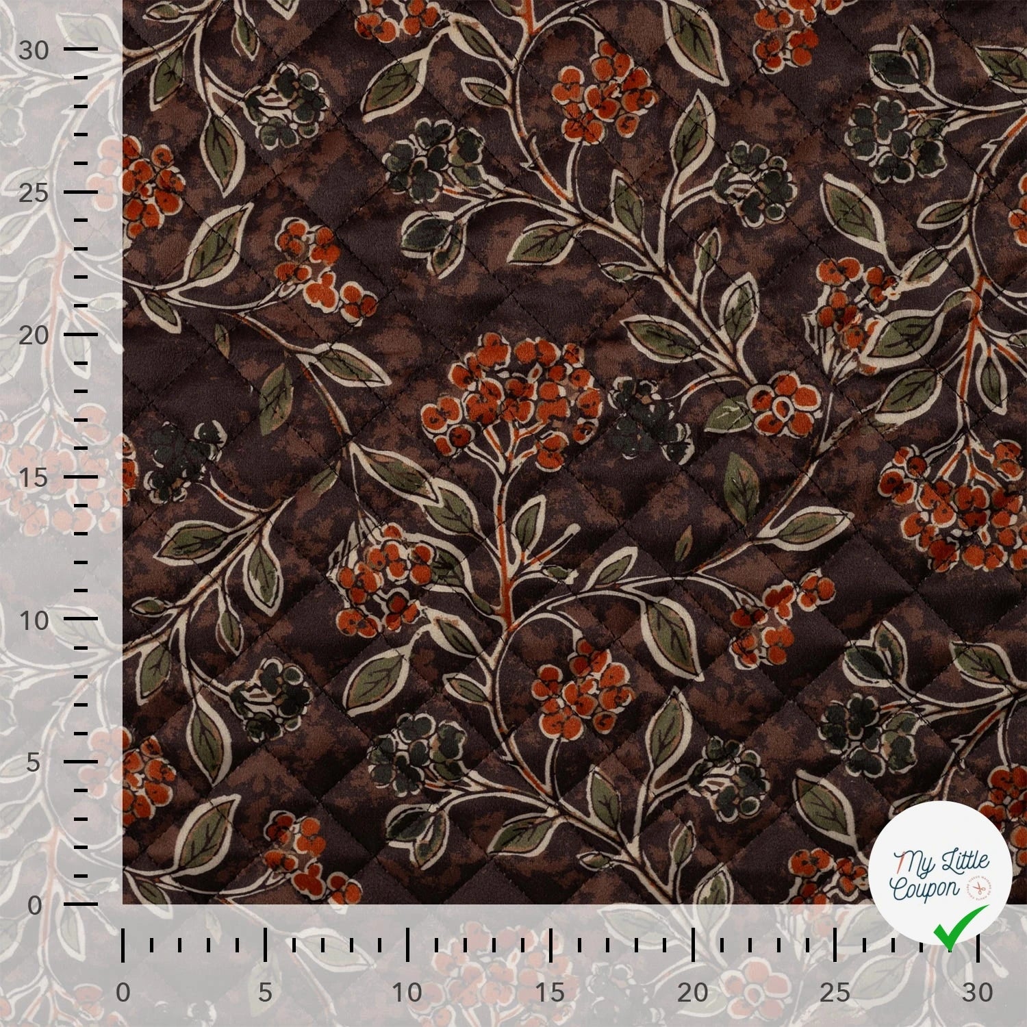 VELOURS MATELASSÉ LOSANGES FLEURS ET FEUILLES BRUN FONCÉ - échelle en cm