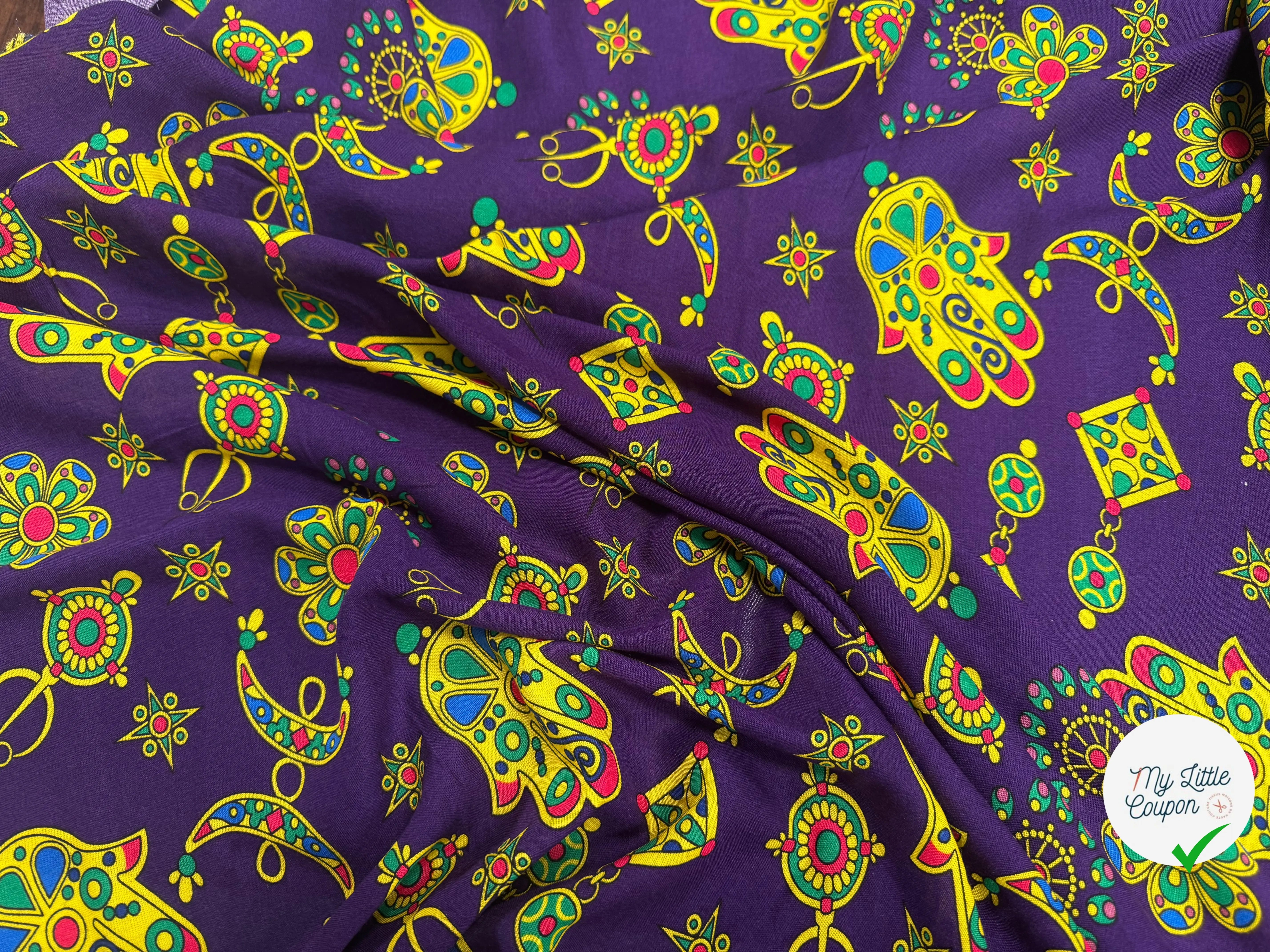 VISCOCE ARLEQUIN AVEC MOTIFS MAINS FOND VIOLET - My Little Coupon