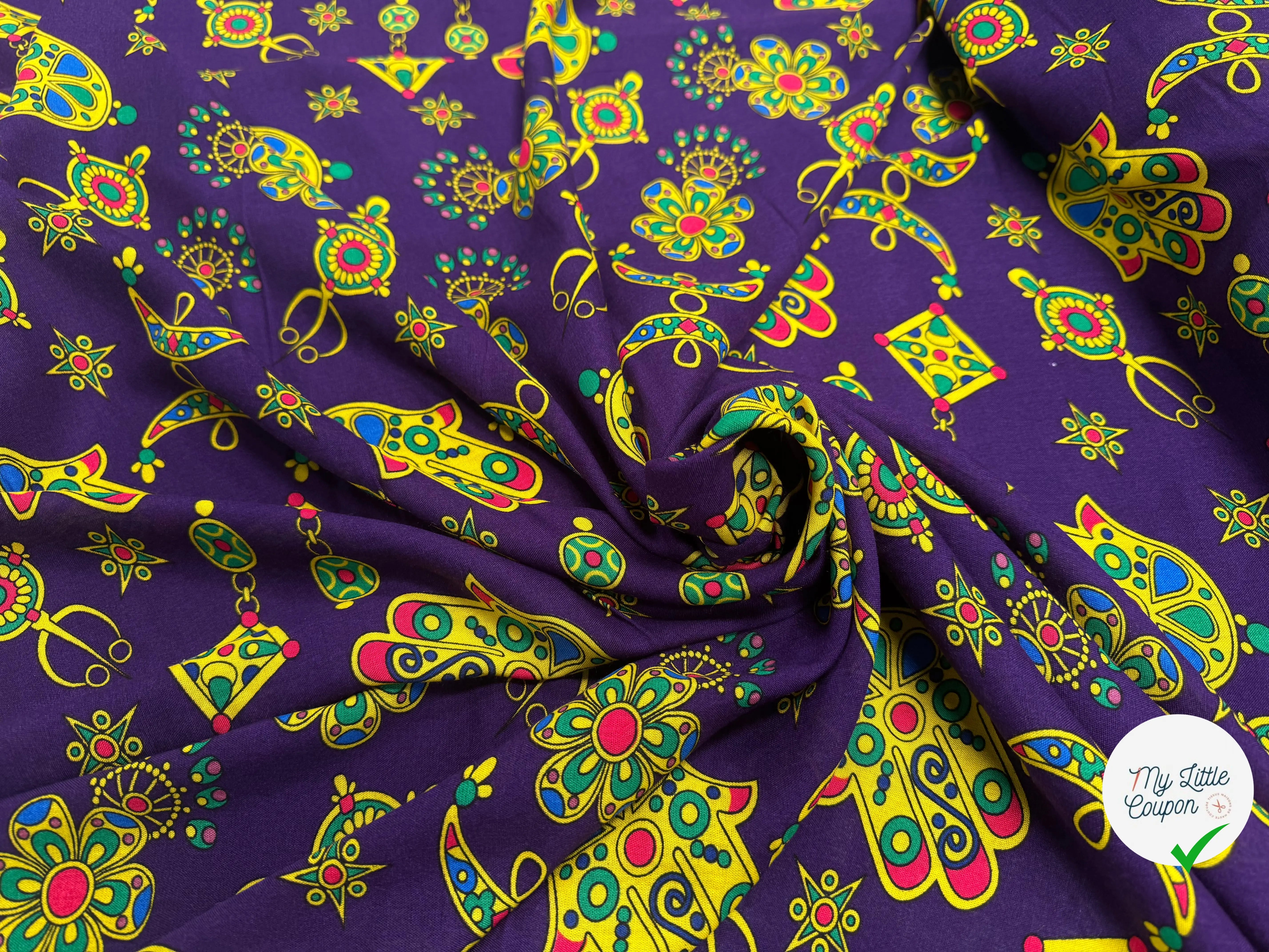 VISCOCE ARLEQUIN AVEC MOTIFS MAINS FOND VIOLET - My Little Coupon