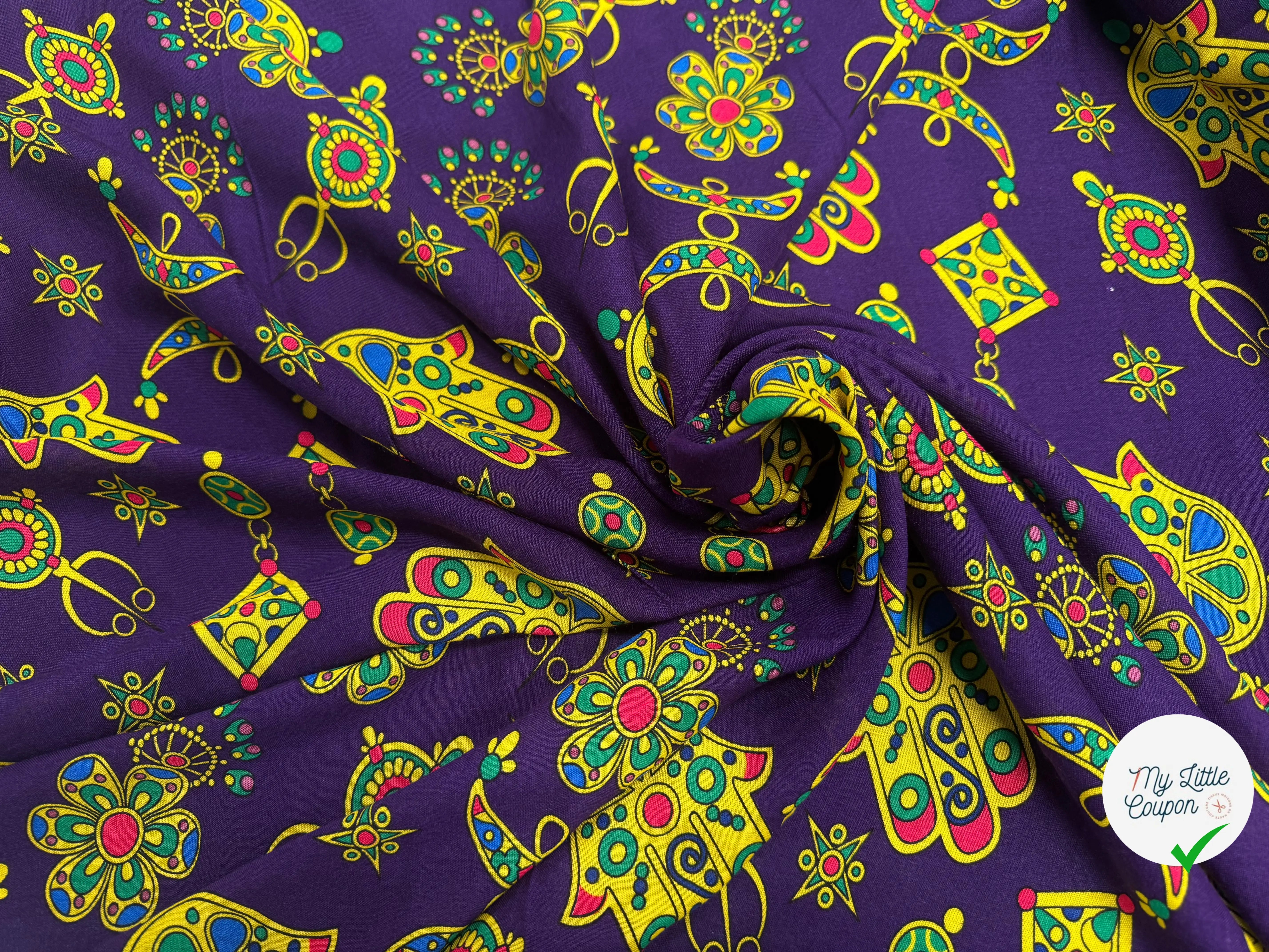 VISCOCE ARLEQUIN AVEC MOTIFS MAINS FOND VIOLET - My Little Coupon