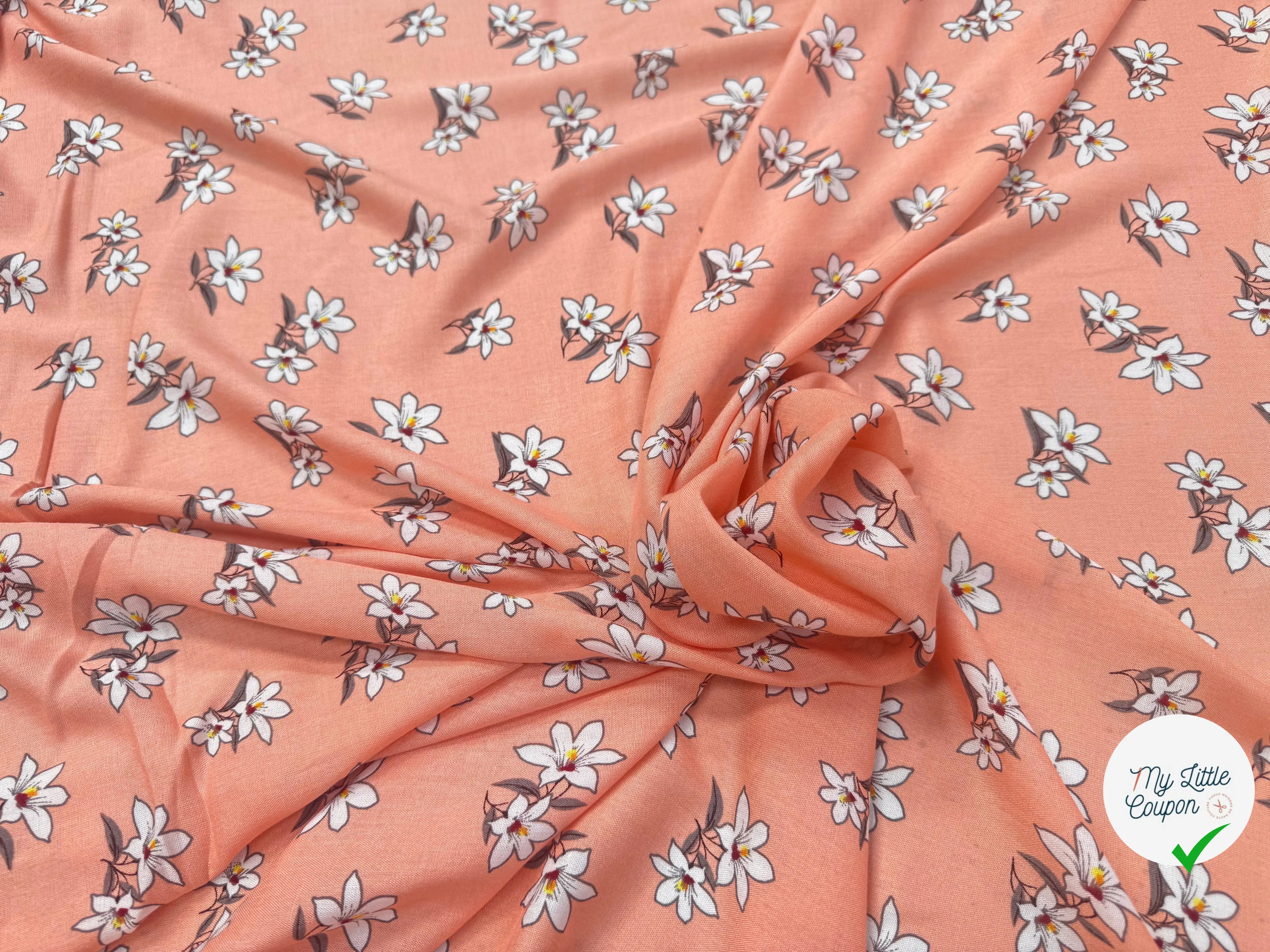 VISCOSE À MOTIF D'HIBISCUS À FOND PÊCHE - My Little Coupon
