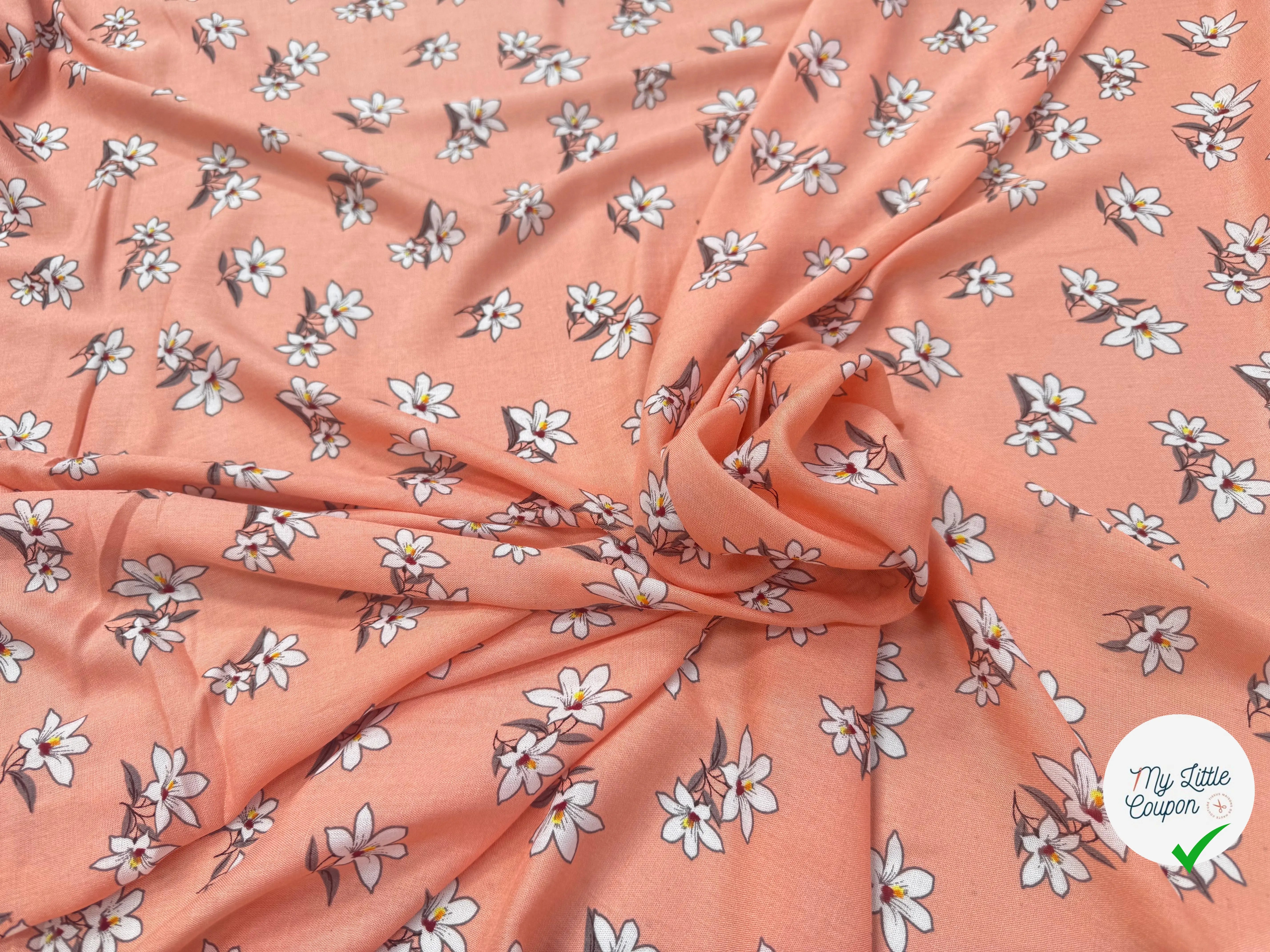 VISCOSE À MOTIF D'HIBISCUS À FOND PÊCHE - My Little Coupon