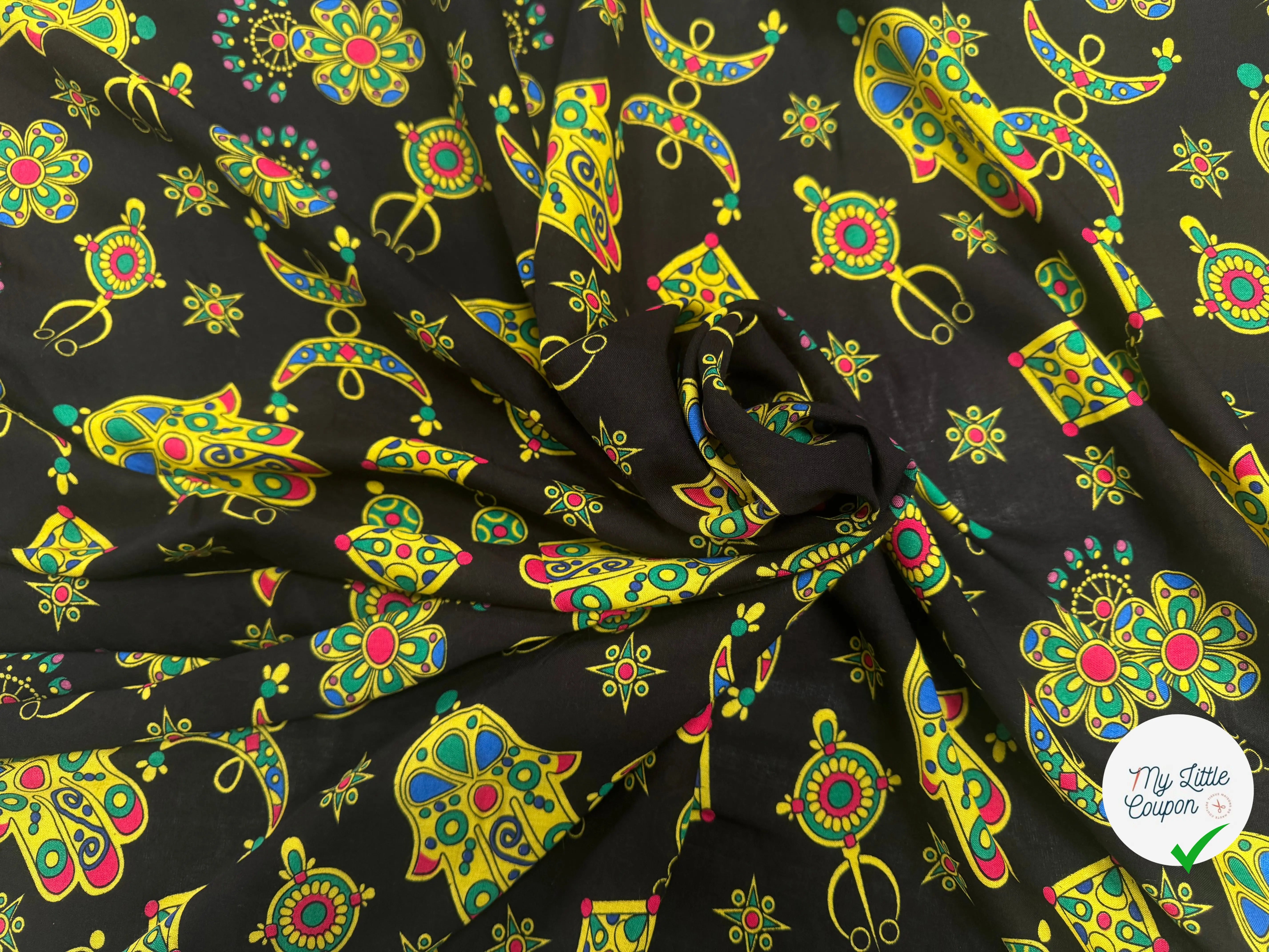 VISCOSE ARLEQUIN AVEC MOTIFS MAINS FOND NOIR - My Little Coupon